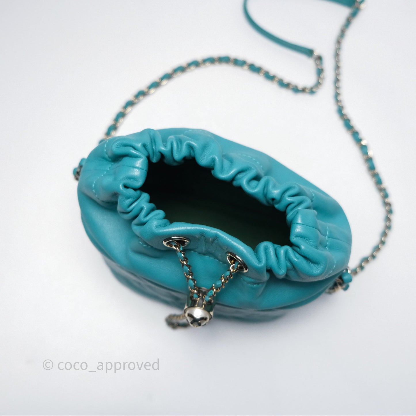 Chanel Pearl CC Drawstring Bucket Bag Teal Green Lambskin Gold Hardware