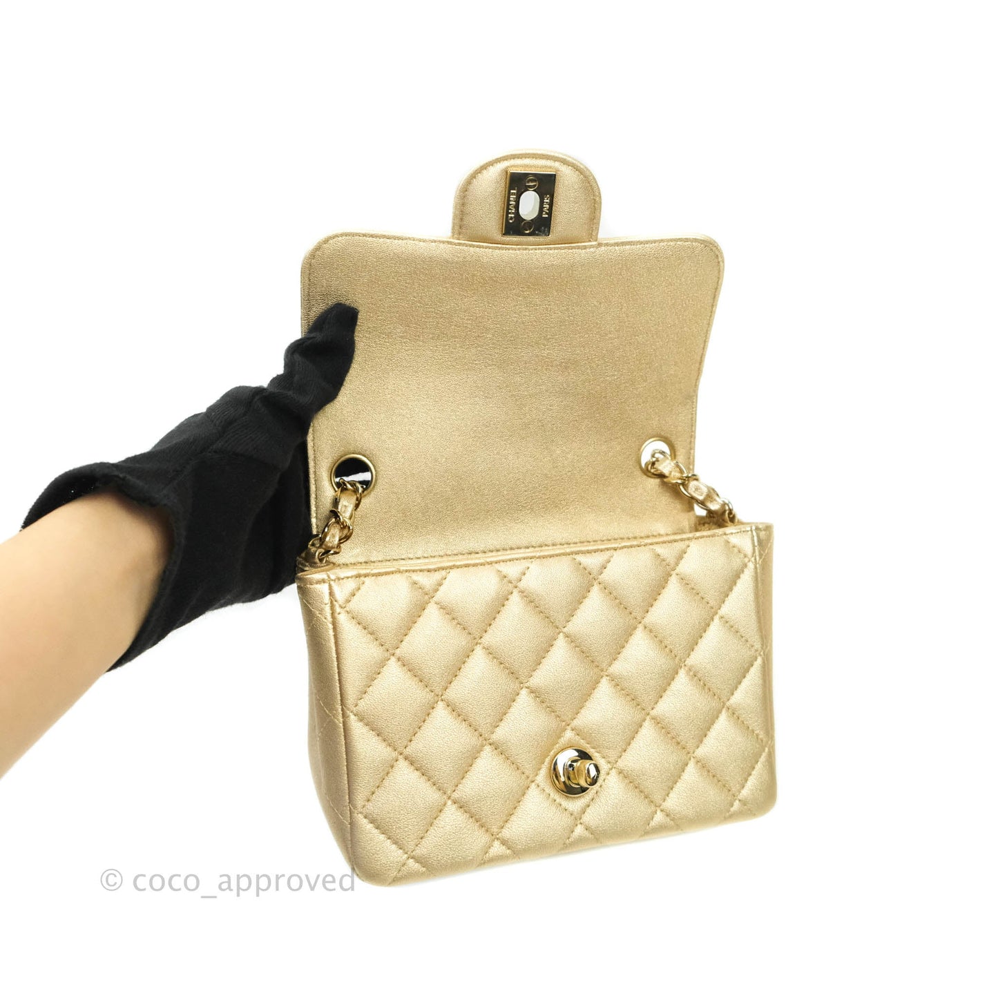 Chanel Classic Quilted Mini Square Flap Iridescent Gold Gold Hardware 21P
