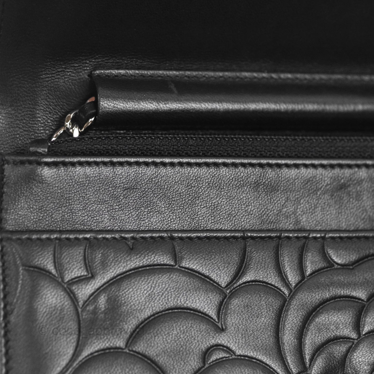 Chanel Camellia Embossed Wallet on Chain WOC Black Lambskin Silver Hardware