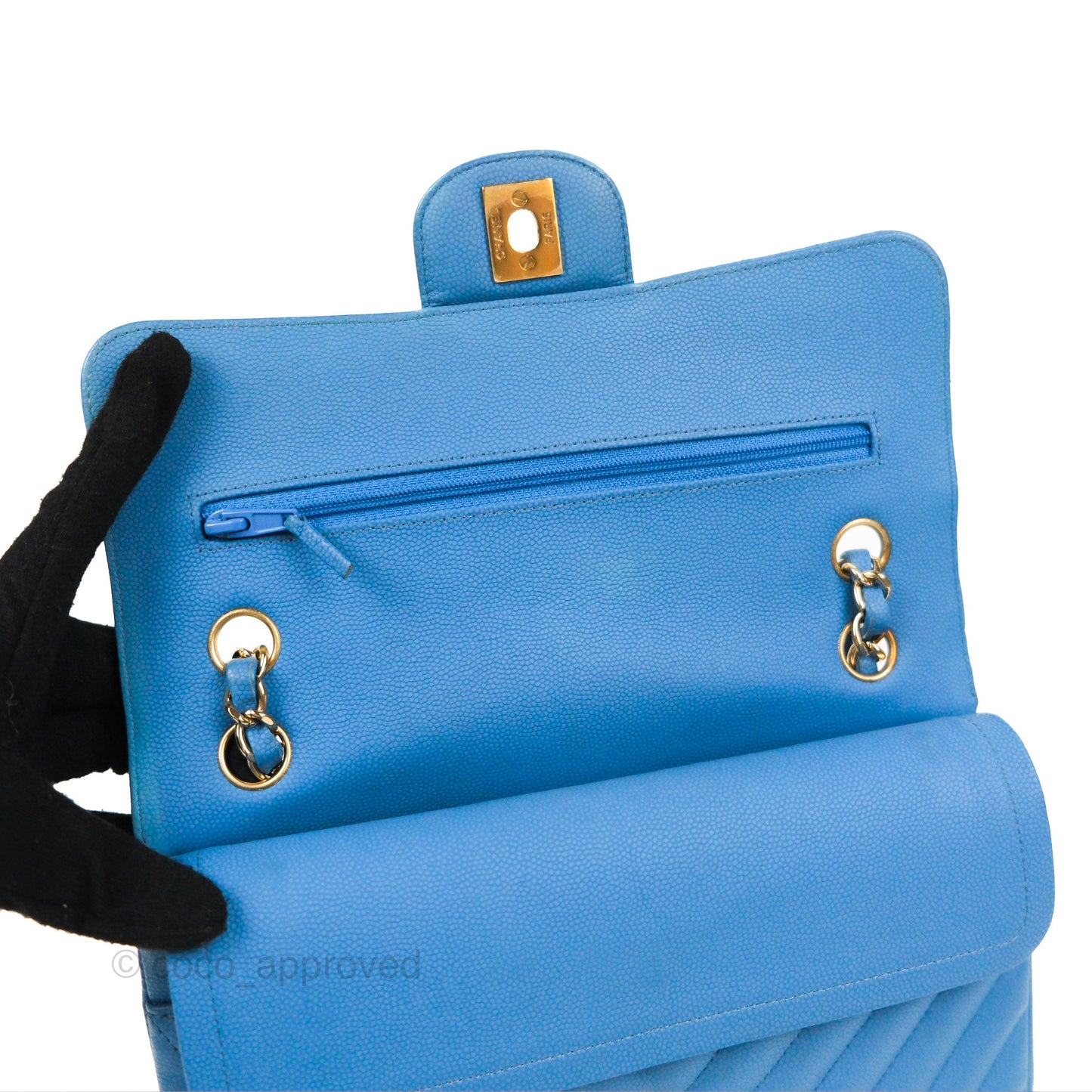 Chanel Small Classic Flap Chevron Blue Caviar Gold Hardware