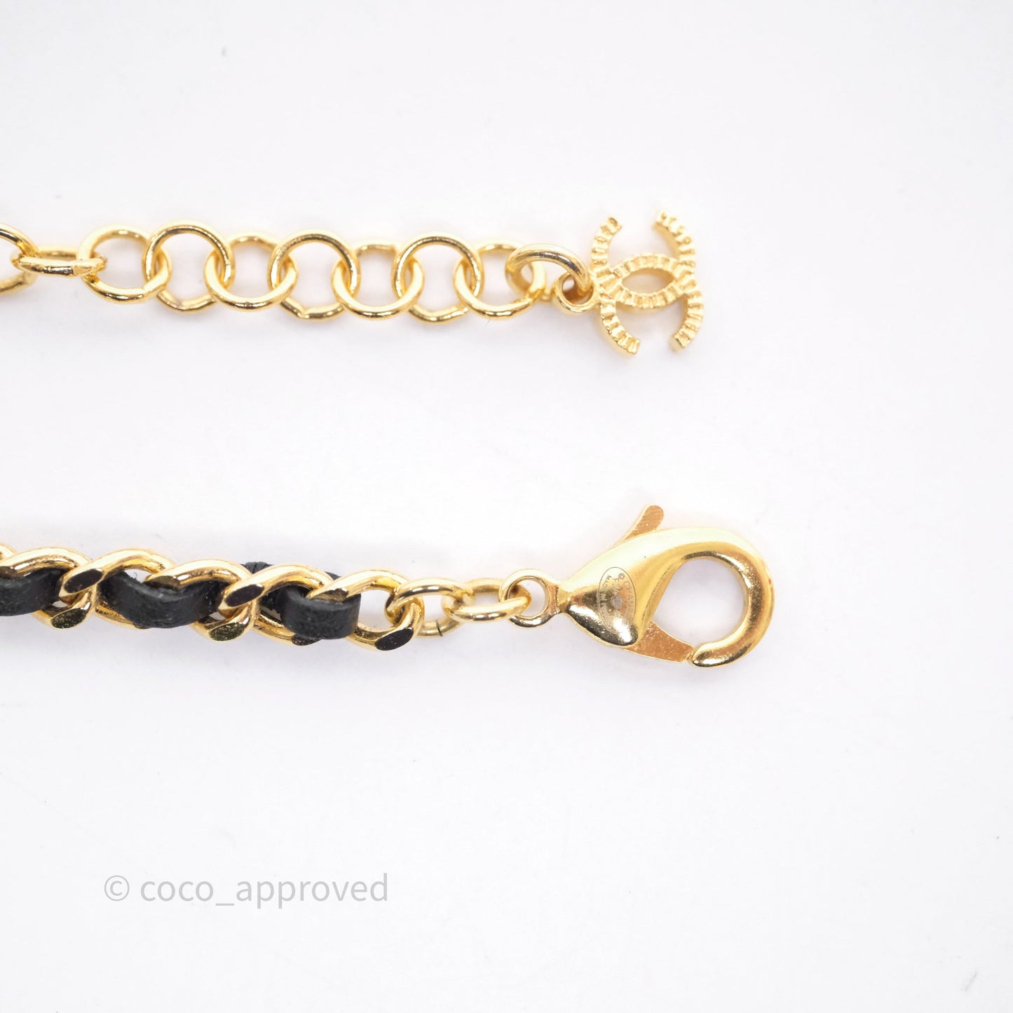 Chanel Oval Crystal CC Leather Chain Necklace Gold Tone 24A