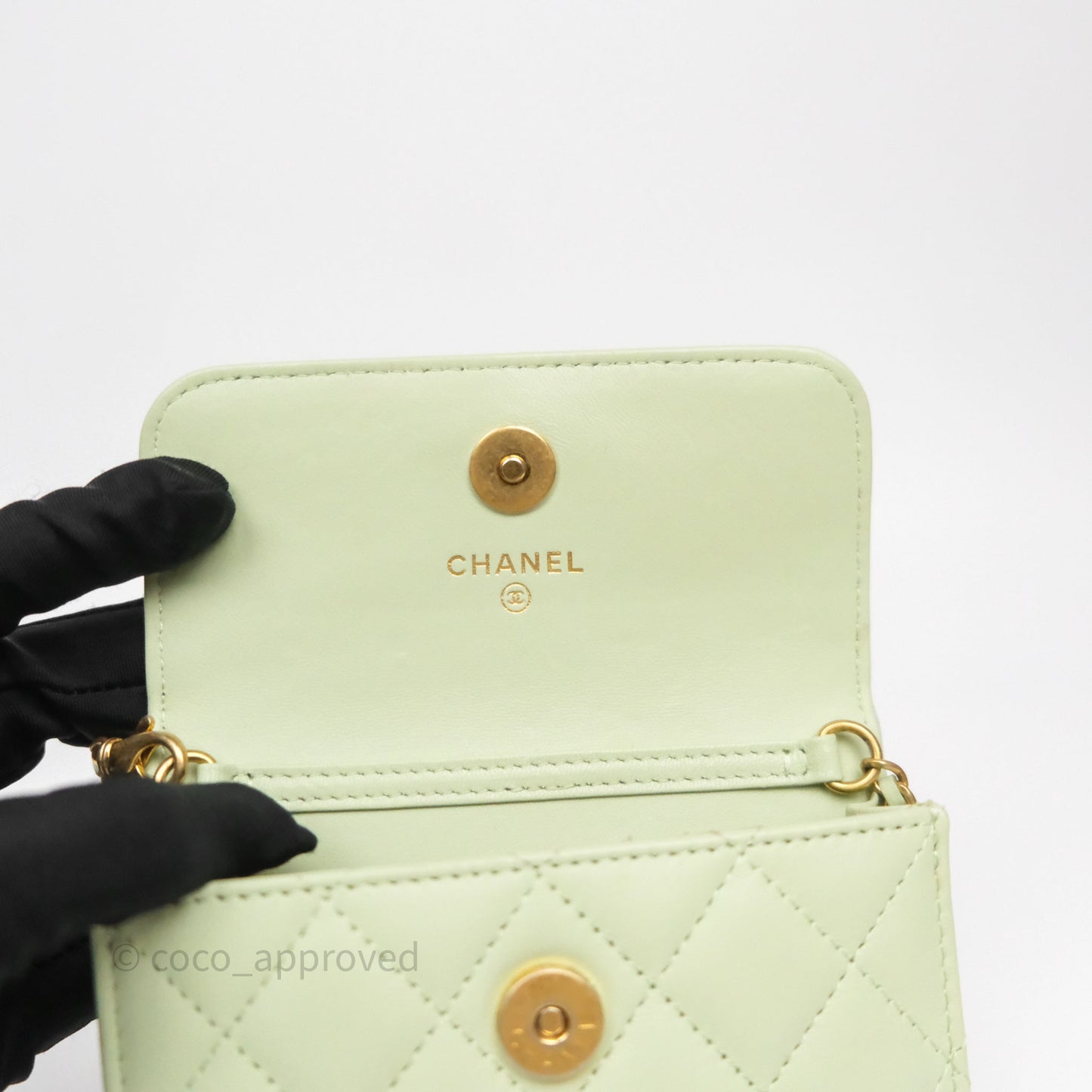 Chanel Pearl Crush Mini Clutch Belt Bag Green Lambskin Aged Gold Hardware