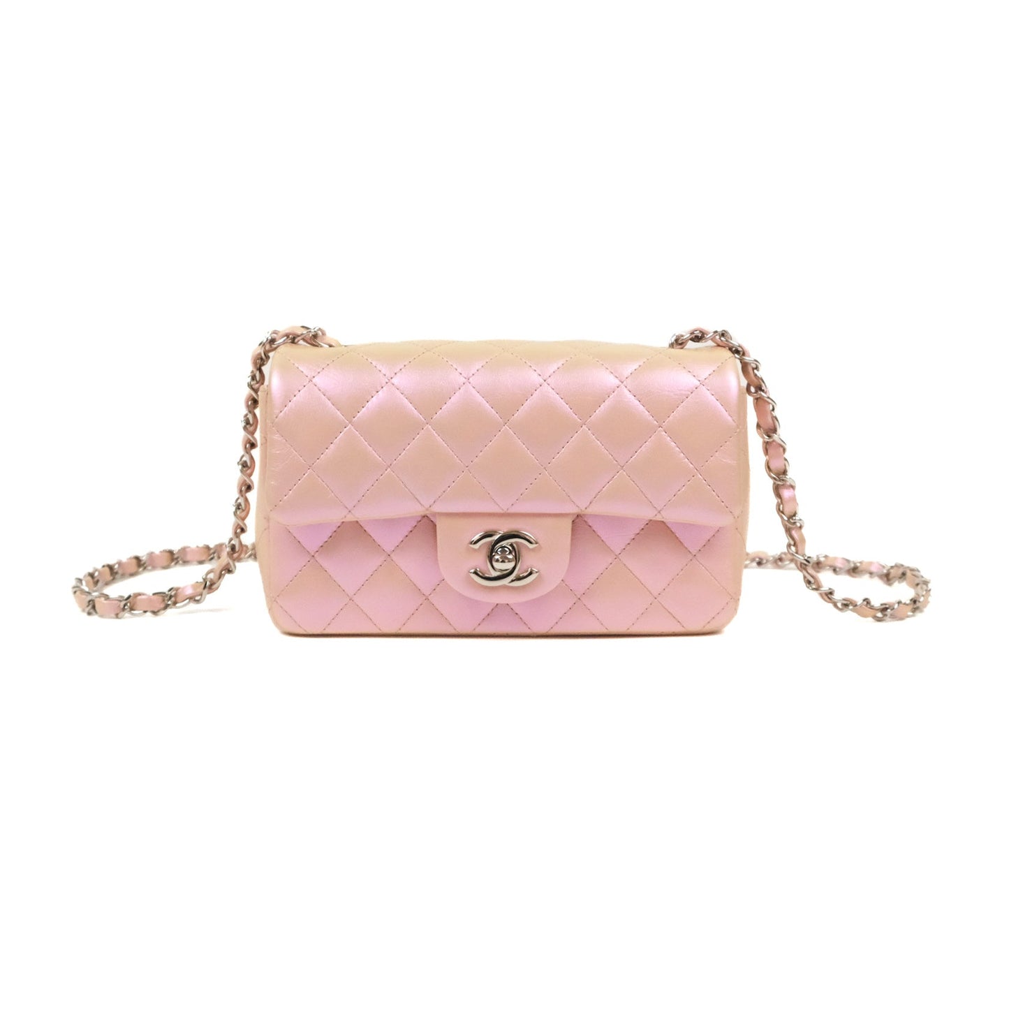 Chanel Quilted Mini Rectangular Iridescent Pink Calfskin Silver Hardware
