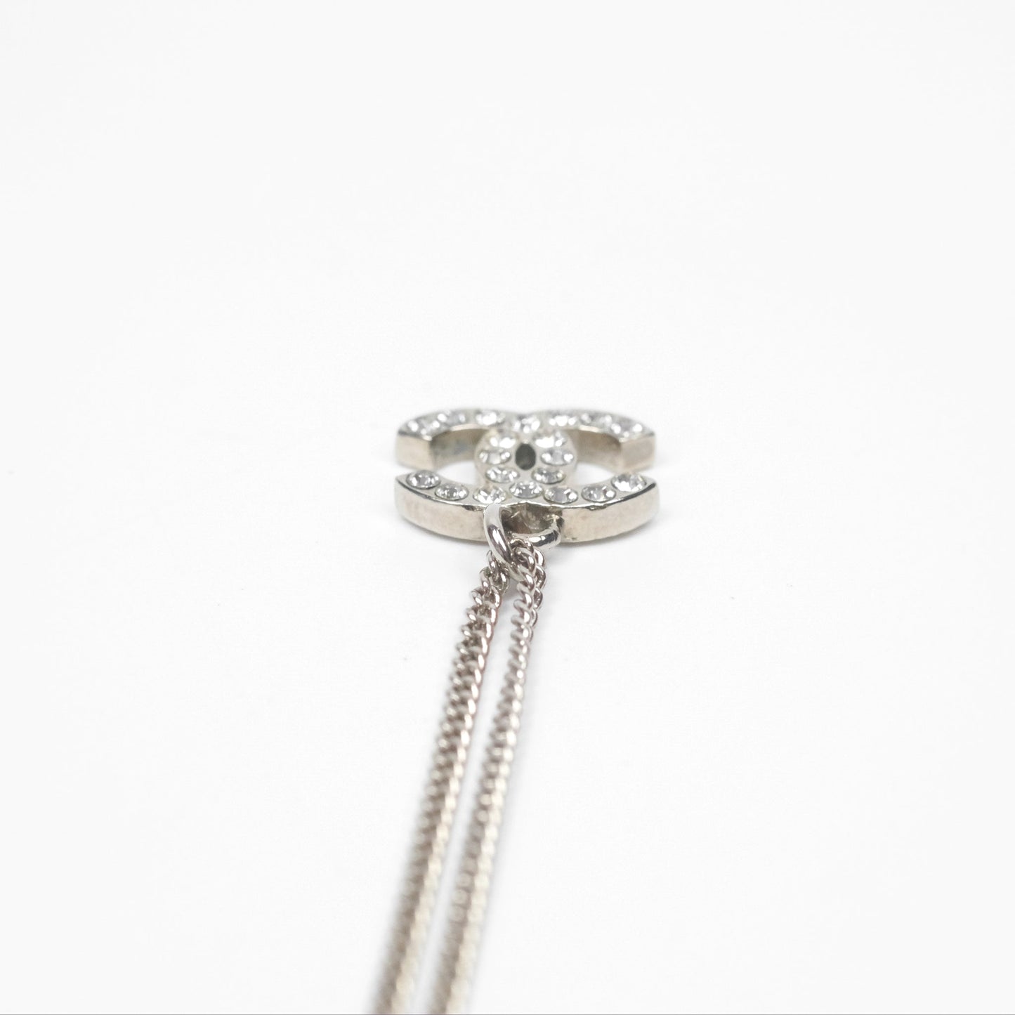 Chanel Crystal CC Necklace Silver Tone 12V