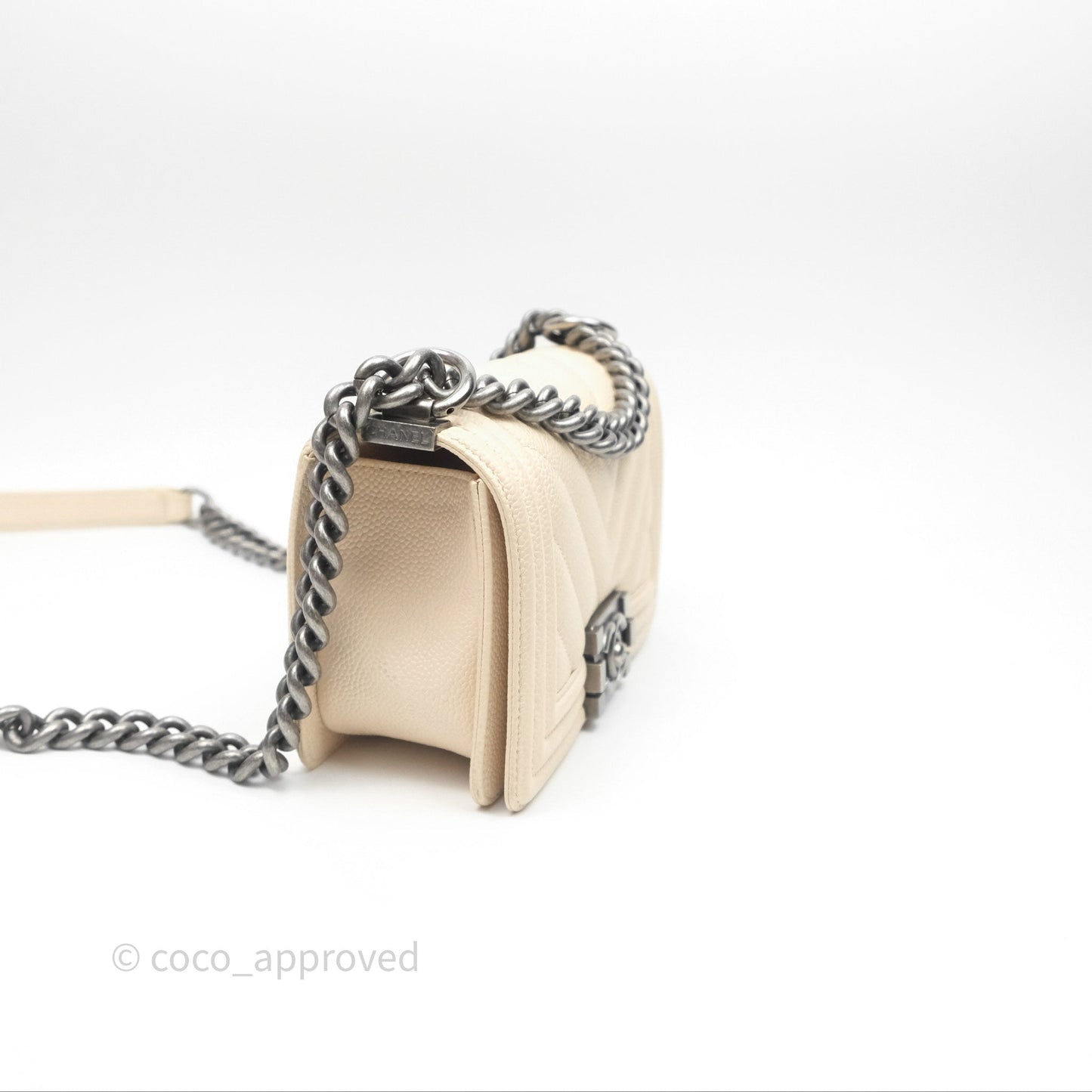 Chanel Small Boy Chevron Beige Caviar Ruthenium Hardware