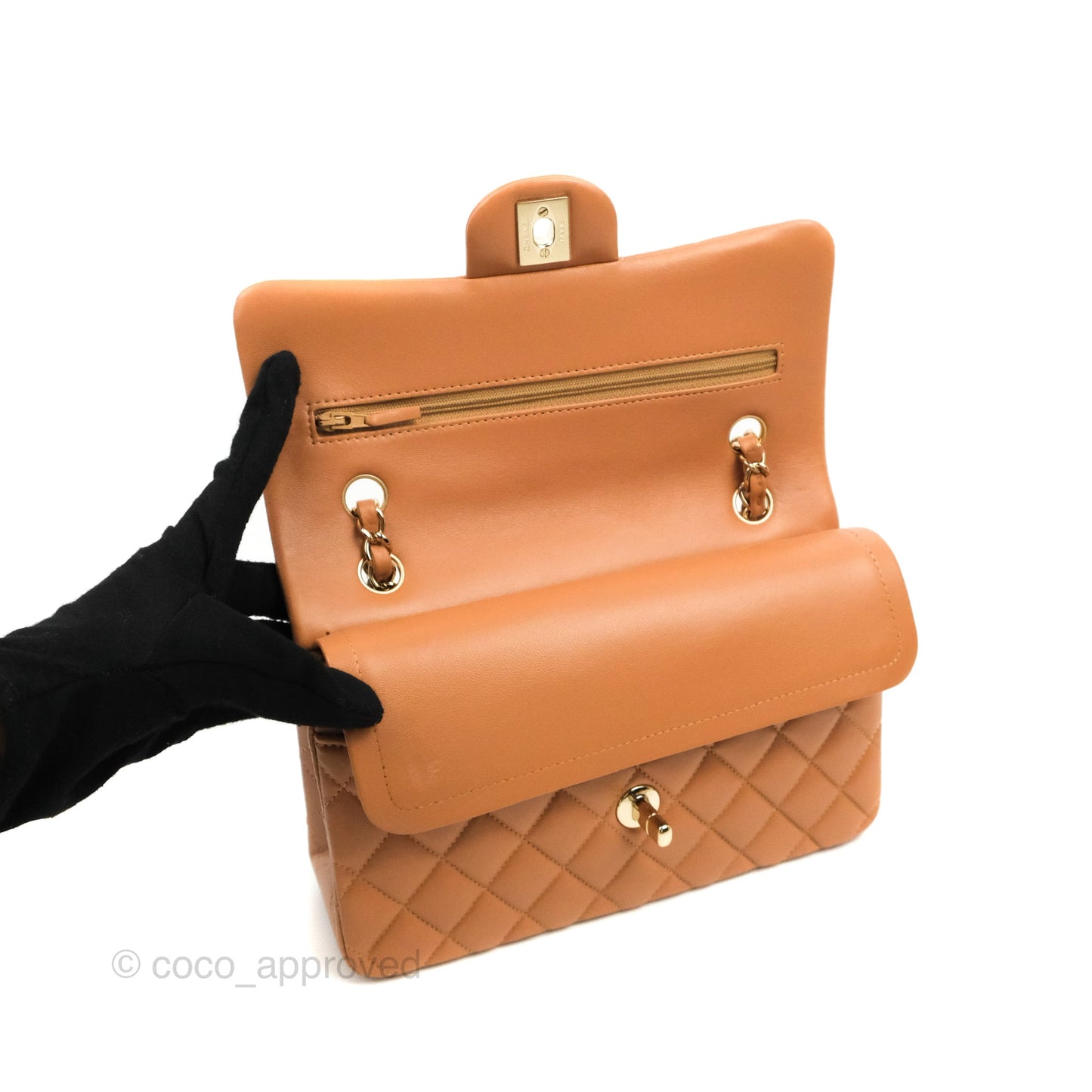 Chanel Small Classic Quilted Flap Dark Beige Caramel Lambskin Gold Hardware 21P