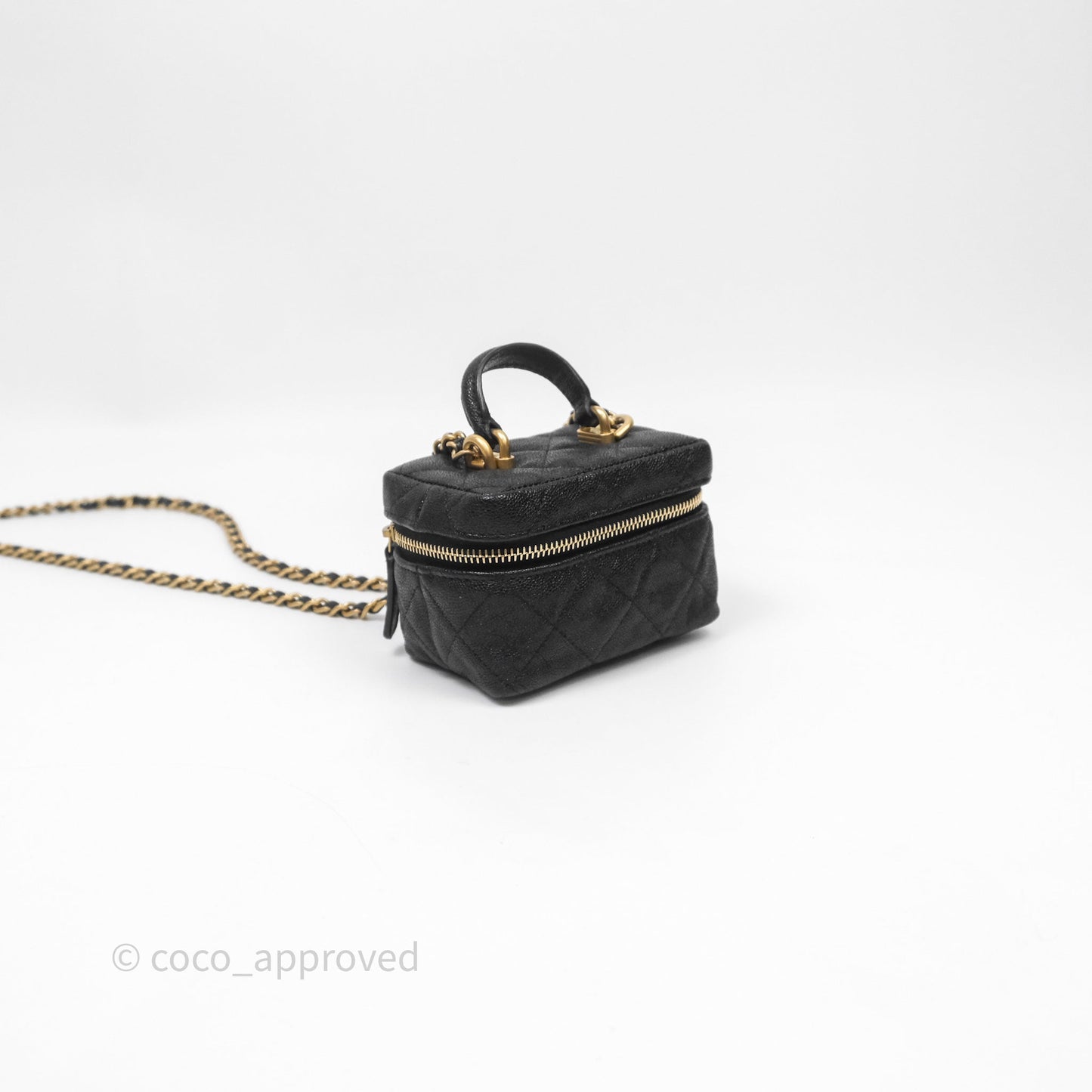 Chanel Quilted Mini Top Handle Vanity With Chain Black Caviar Aged Gold Hardware