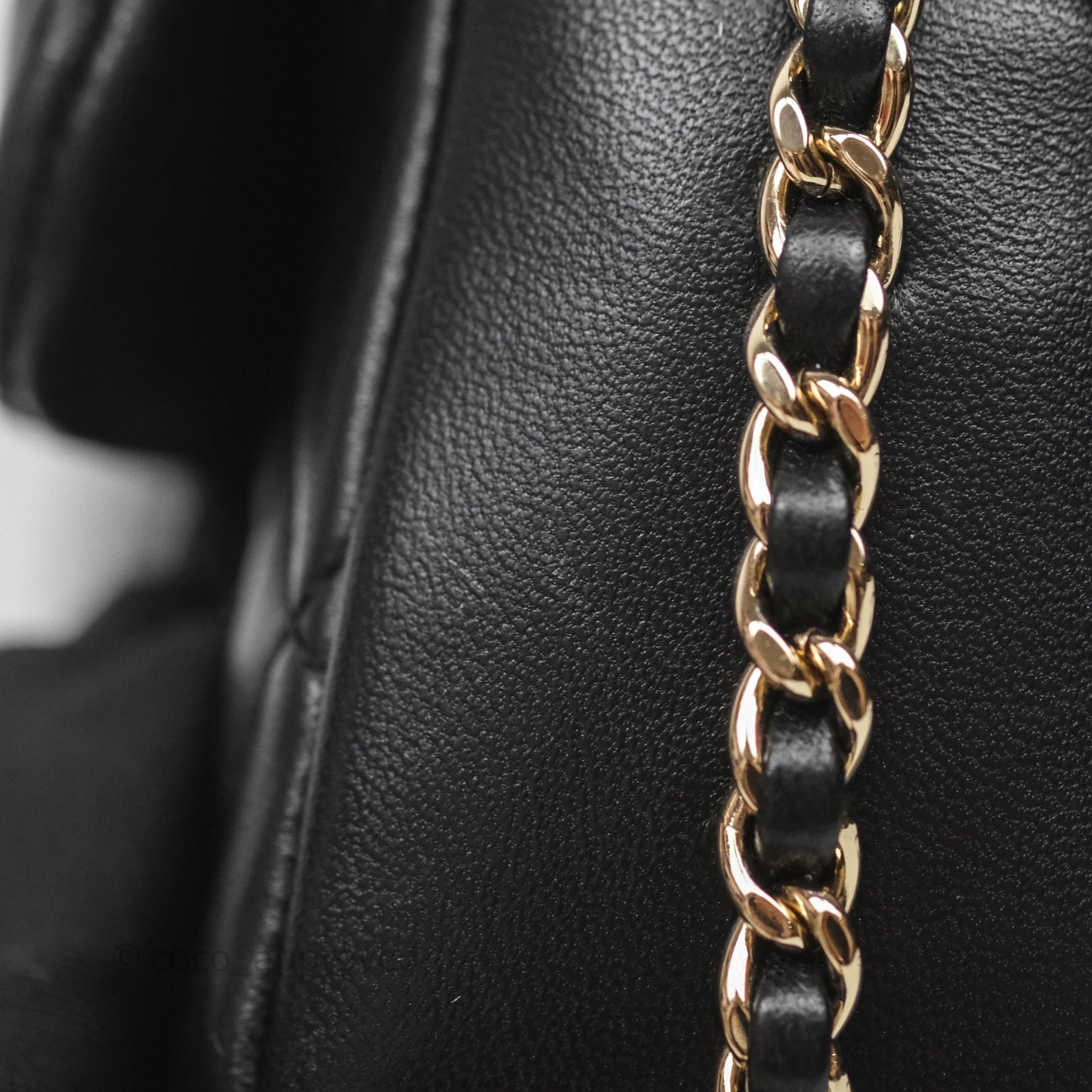 Chanel Logo Pearl Chain Flap Bag Black Lambskin Gold Hardware