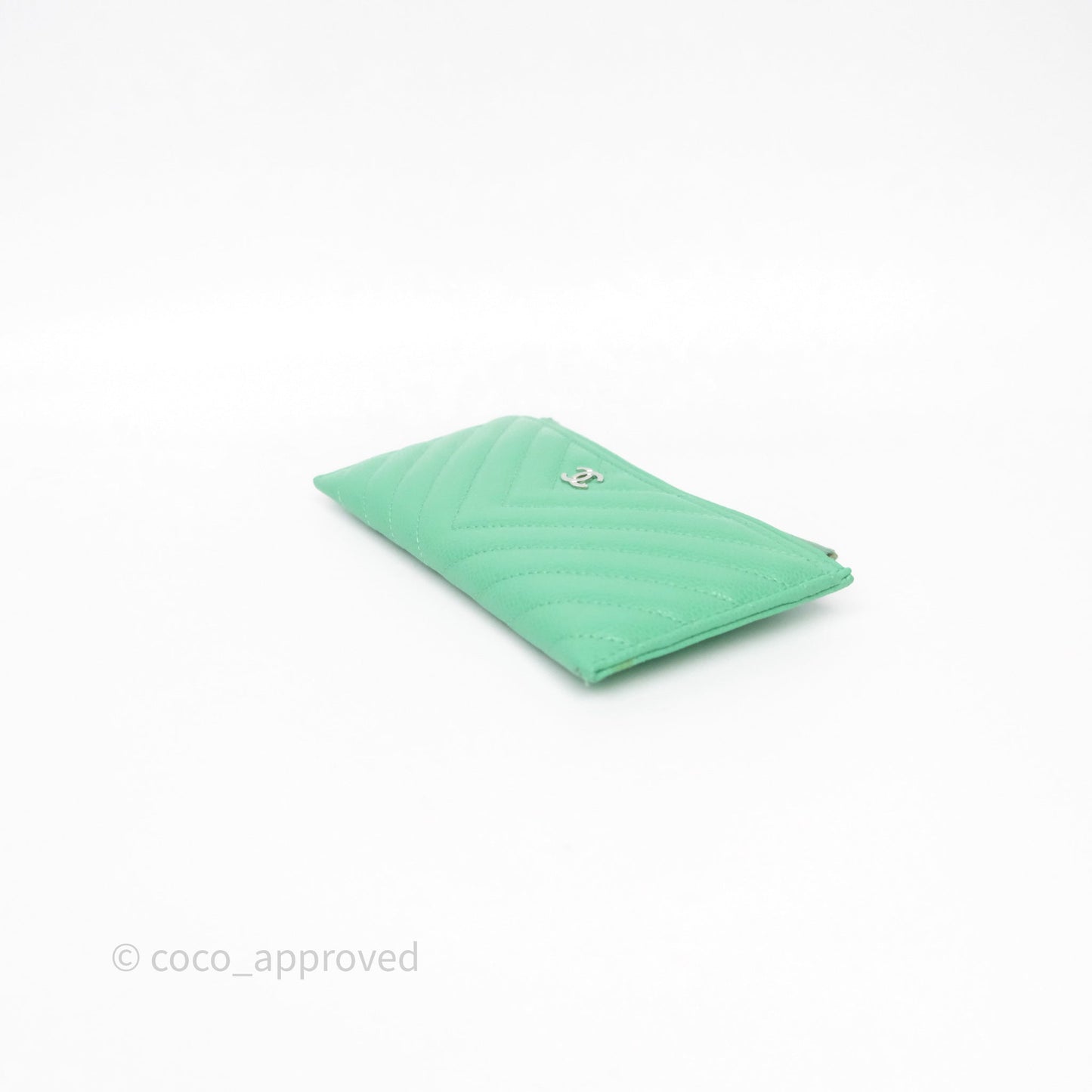 Chanel Long Zip Chevron Green Wallet Silver Hardware