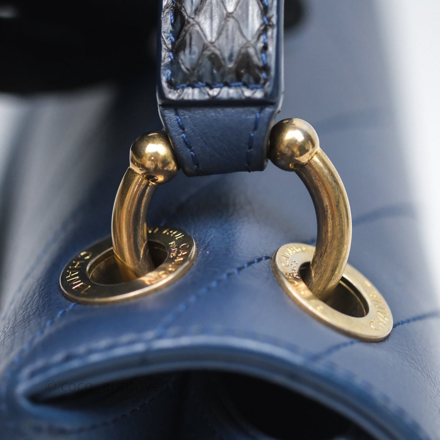 Chanel Small Chevron Python Chic Top Handle Flap Blue Calfskin Gold Hardware