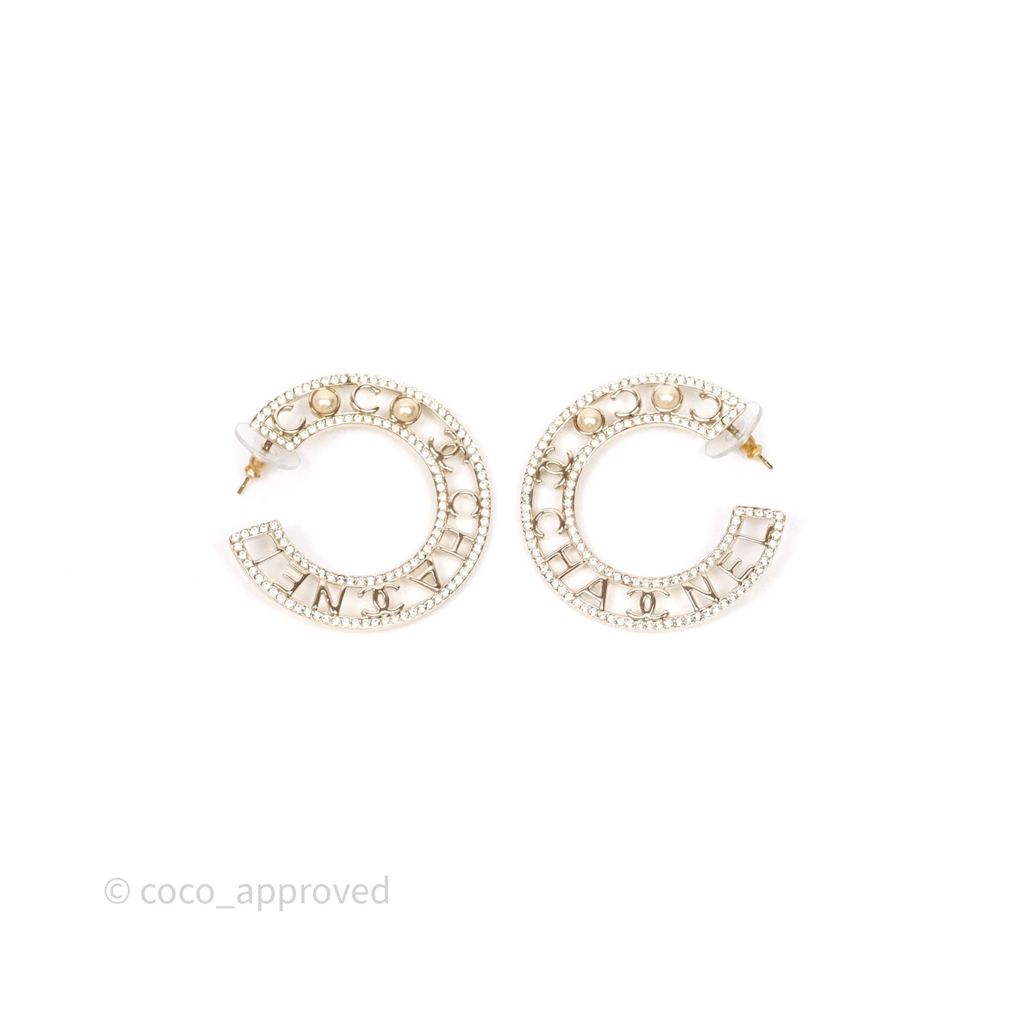 Chanel Crystal Pearl Bow-tiful CC Hoop Earrings Gold Tone 20B