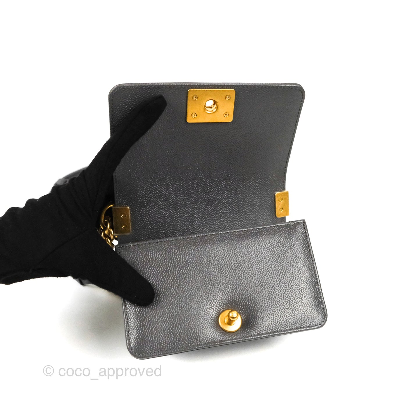 Chanel Mini Boy Dark Grey Caviar Aged Gold Hardware