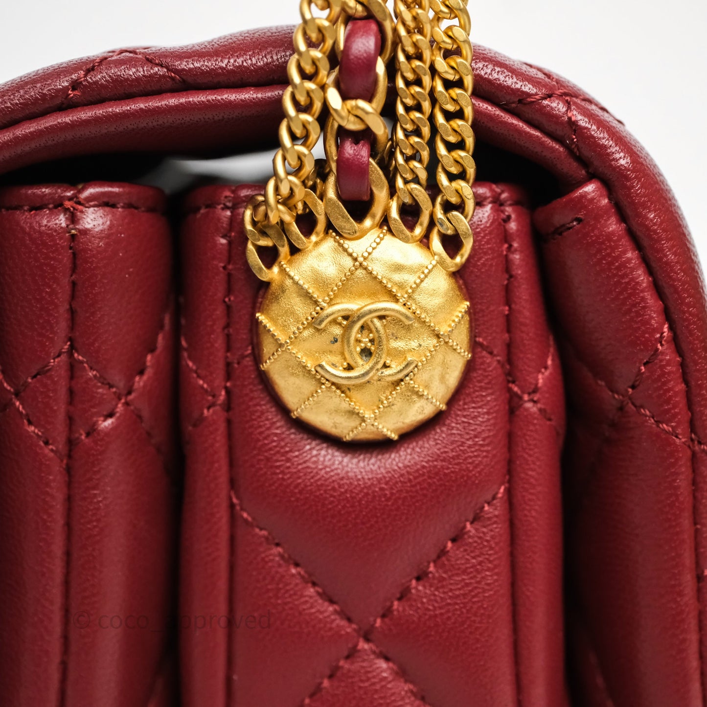 Chanel Quilted Accordion Flap Bag with Button on Chain Burgundy Lambskin Aged Gold Hardware 22A