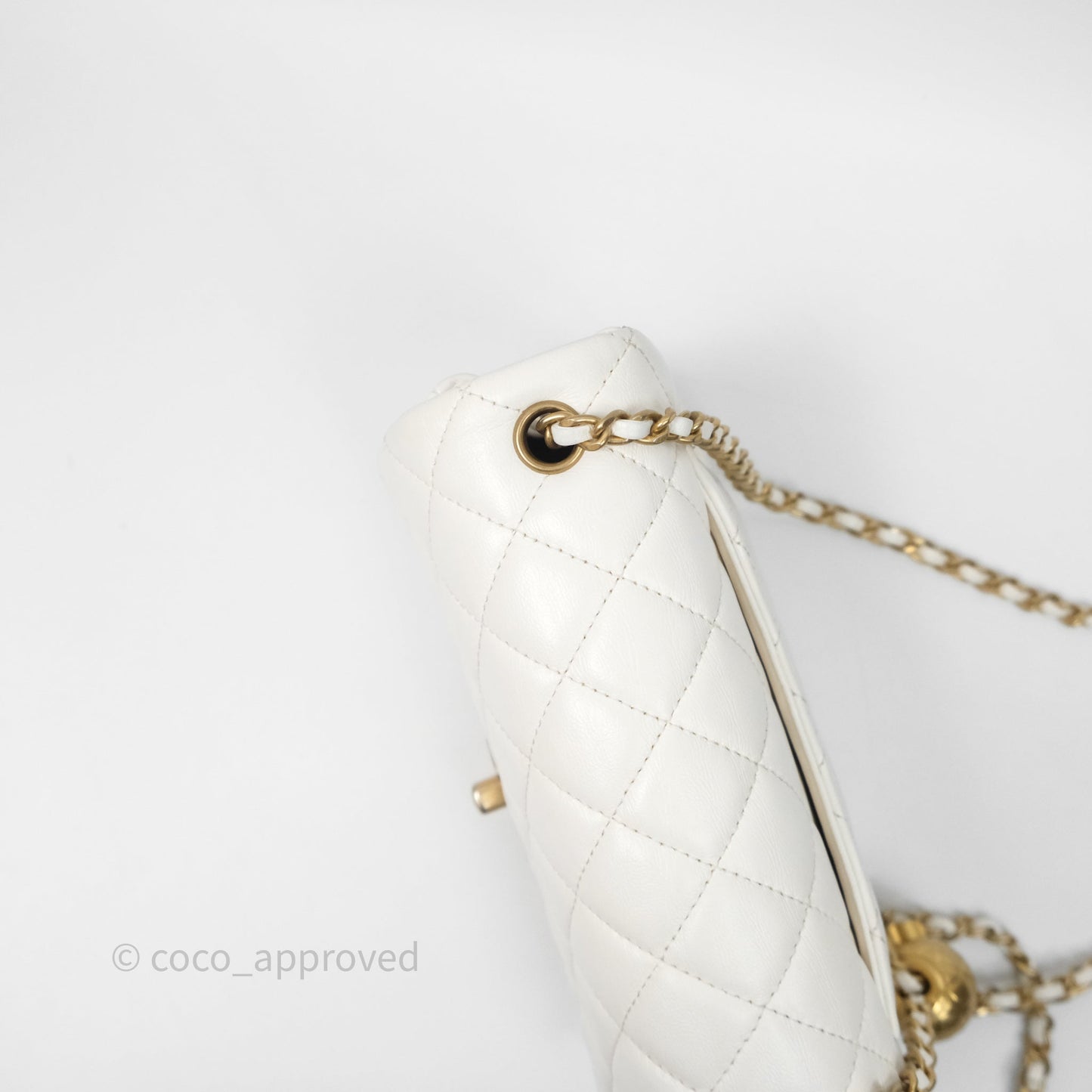 Chanel Mini Rectangular Pearl Crush Quilted White Lambskin Aged Gold Hardware
