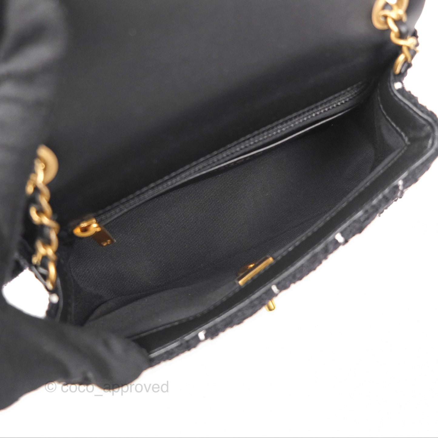 Chanel Mini Rectangular Pearl Crush Tweed Black White Grid Aged Gold Hardware