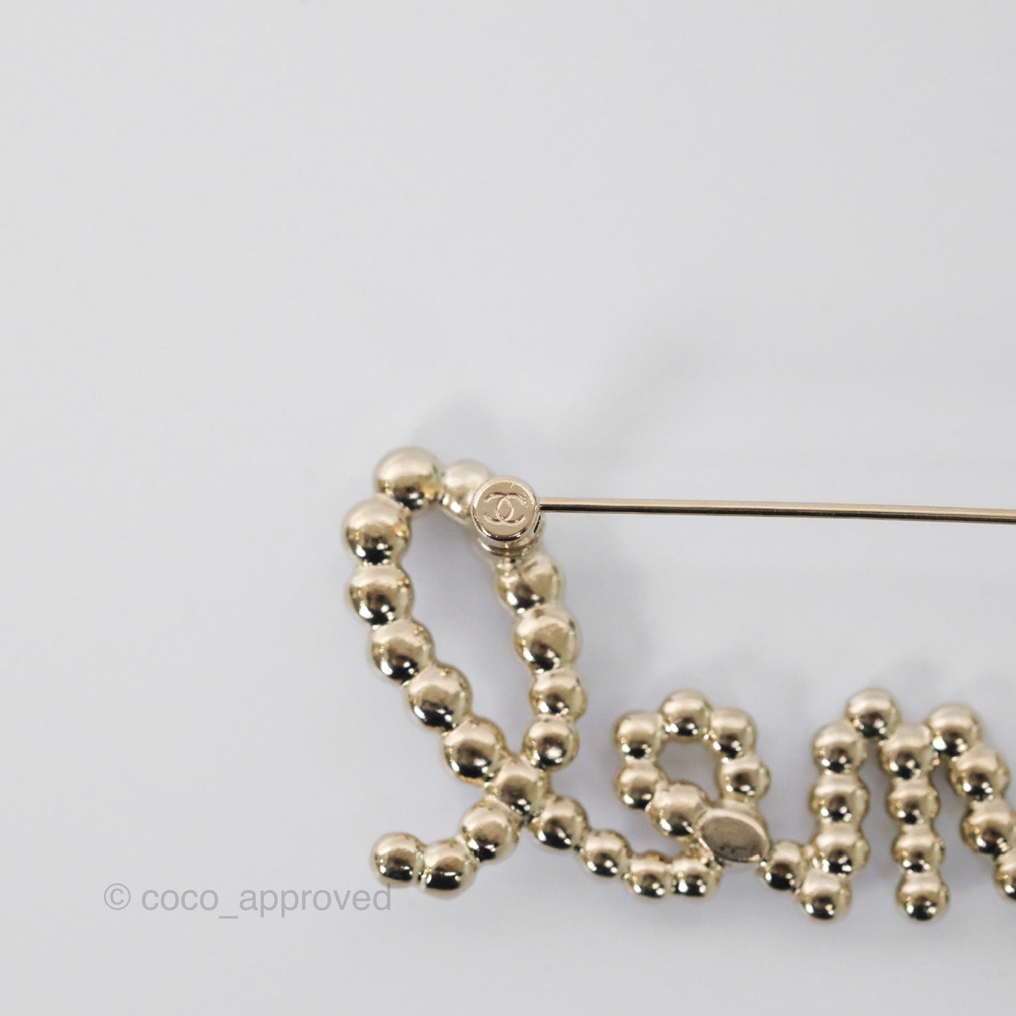 Chanel Logo Pearl Crystal Brooch Gold Tone 20V