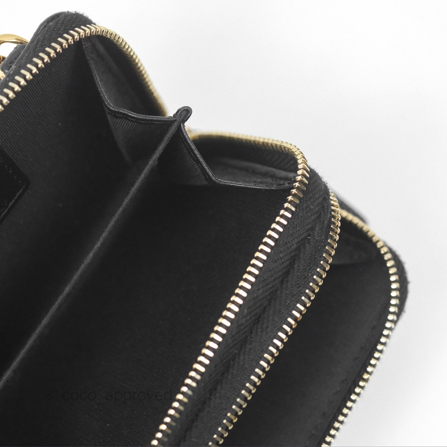 Chanel Miss Coco Quilted Zip Card Holder on Chain Black Caviar Gold Hardware