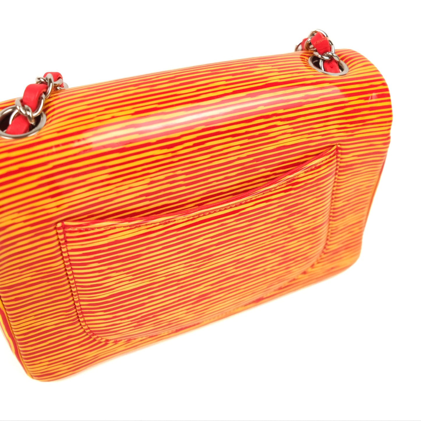 Chanel Mini Rectangular Flap Bag Orange Red Striped Patent Silver Hardware