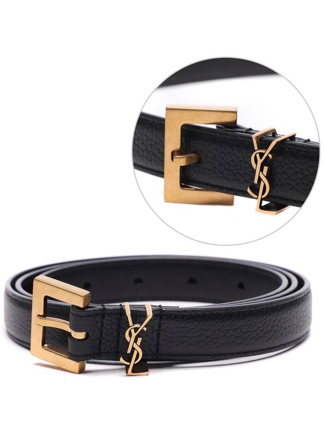 Luxury Saint Laurent Cassandre Grained Leather Square Buckle Thin Belt Black