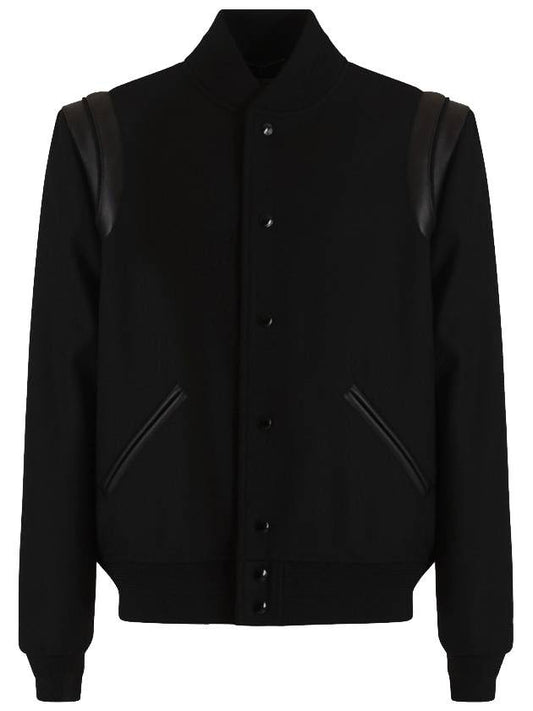 Luxury Saint Laurent Men's Teddy Light Wool Stadium Bomber Jacket Black