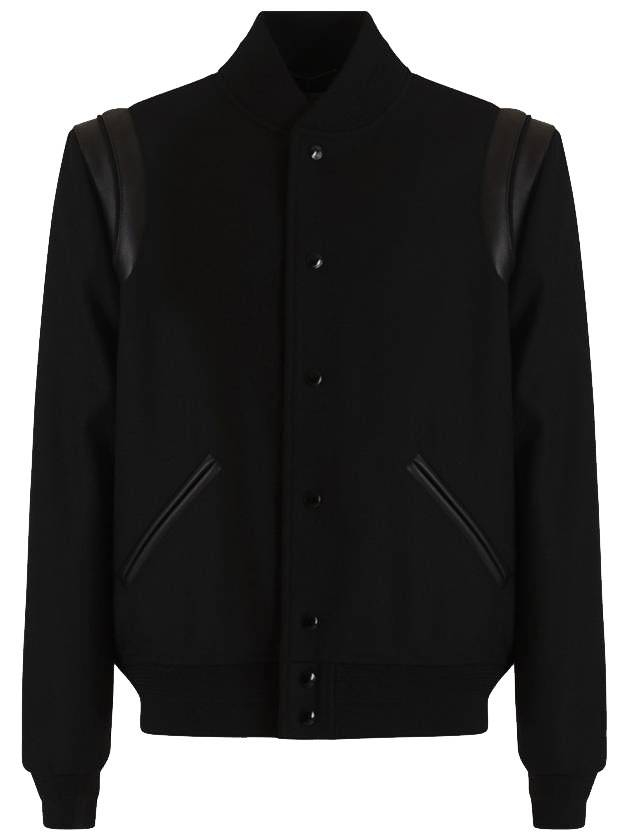 Luxury Saint Laurent Men's Teddy Light Wool Stadium Bomber Jacket Black