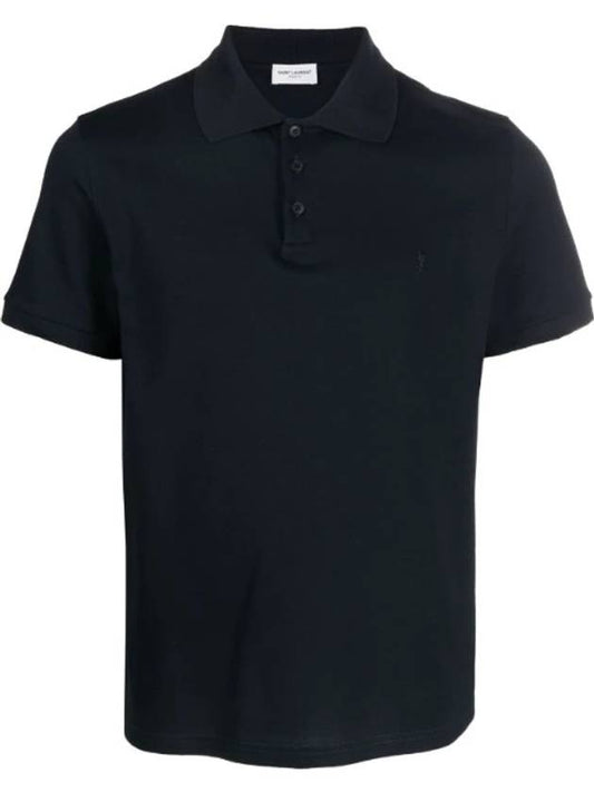 Luxury Saint Laurent Men's Monogram Cotton Short Sleeve Polo Shirt Navy