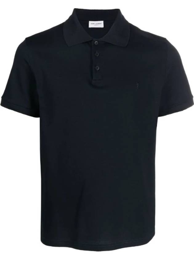 Luxury Saint Laurent Men's Monogram Cotton Short Sleeve Polo Shirt Navy