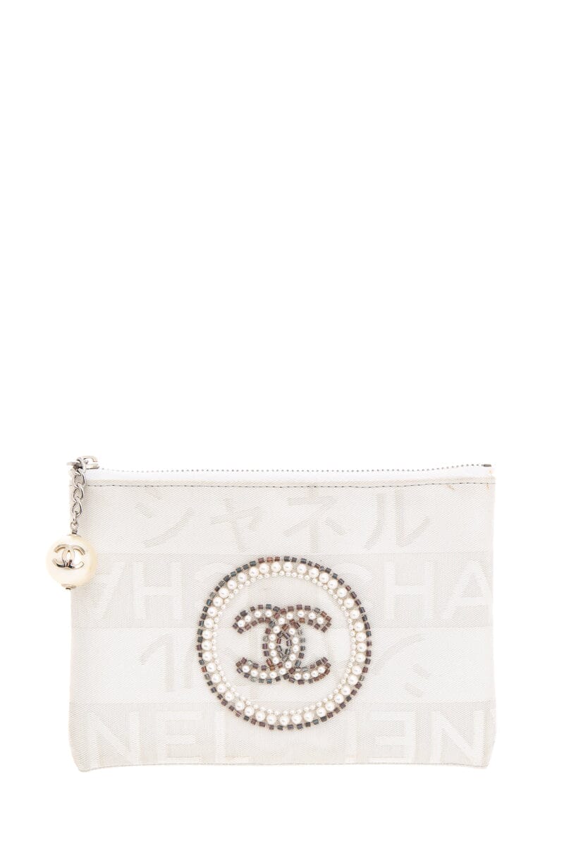 Luxury Chanel Vintage White and Silver Ginza Limited Pearl Coco Mark Pouch