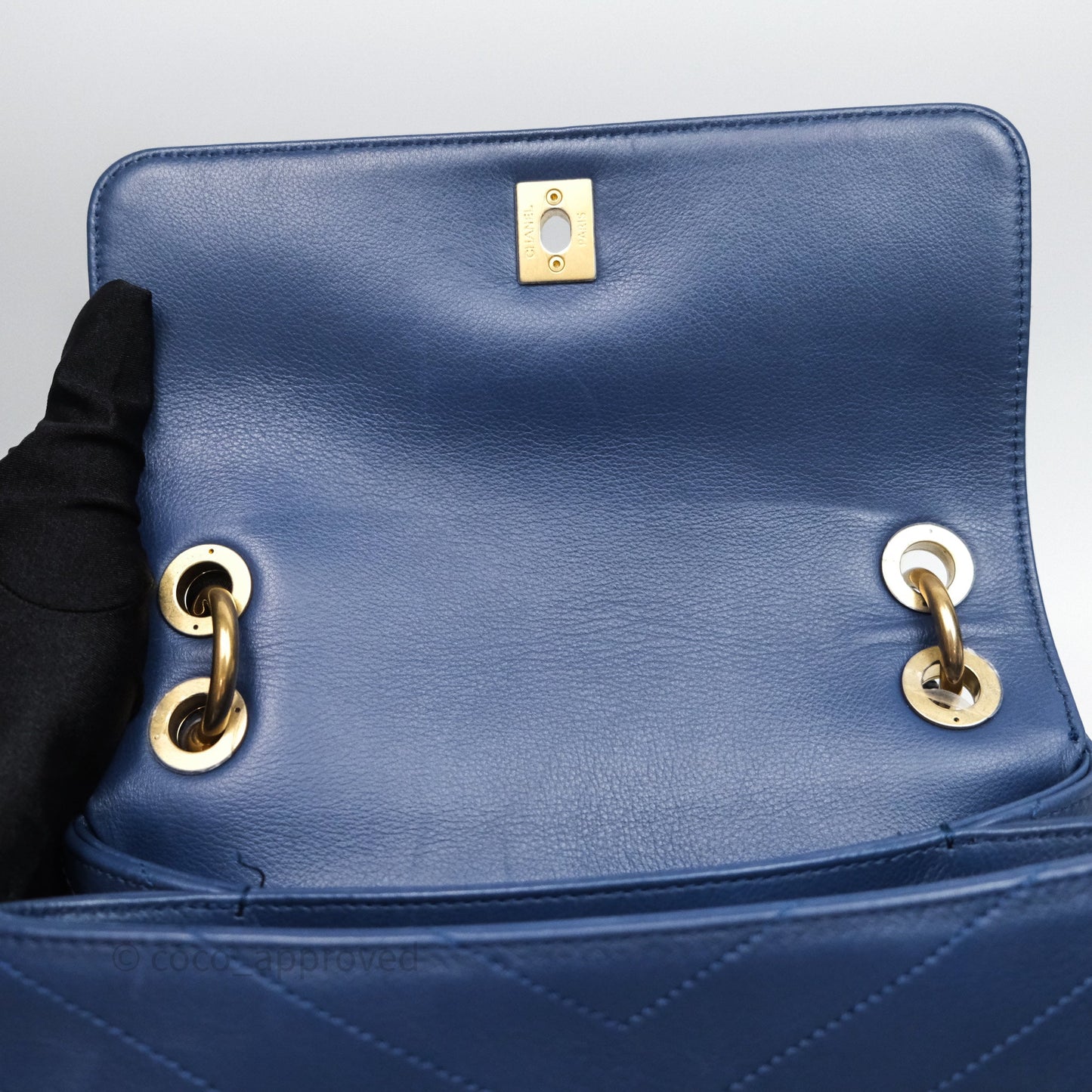 Chanel Small Chevron Python Chic Top Handle Flap Blue Calfskin Gold Hardware