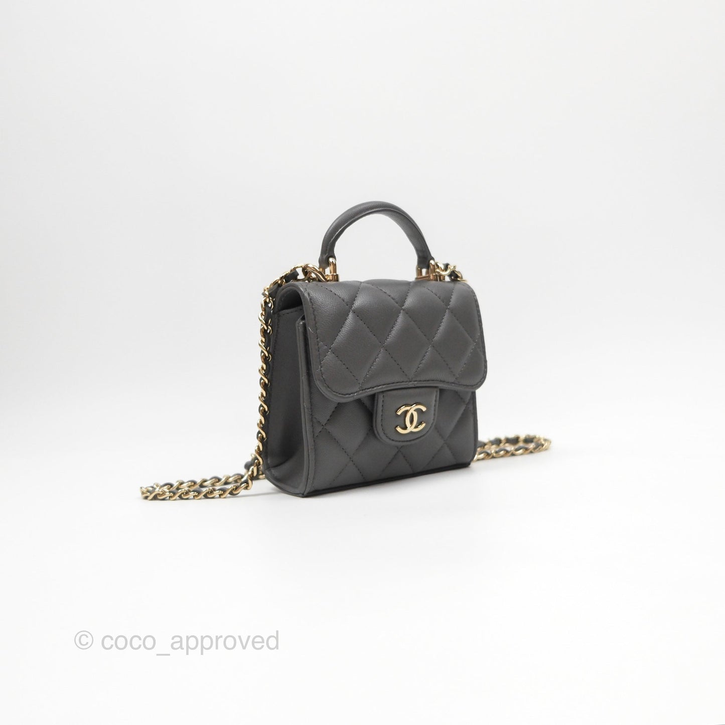 Chanel Mini Handle Clutch With Chain Grey Lambskin Gold Hardware