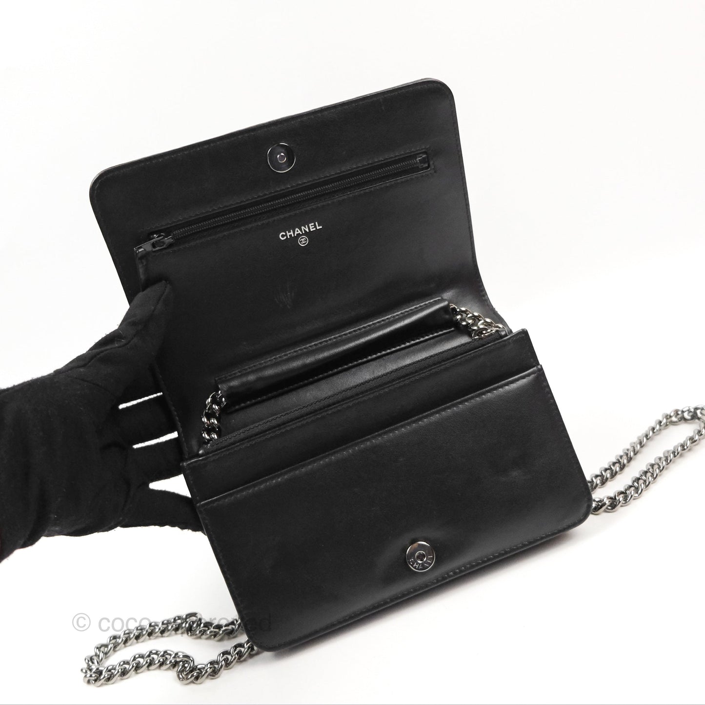 Chanel Quilted Boy Wallet on Chain WOC Black Aged Calfskin Gun Metal