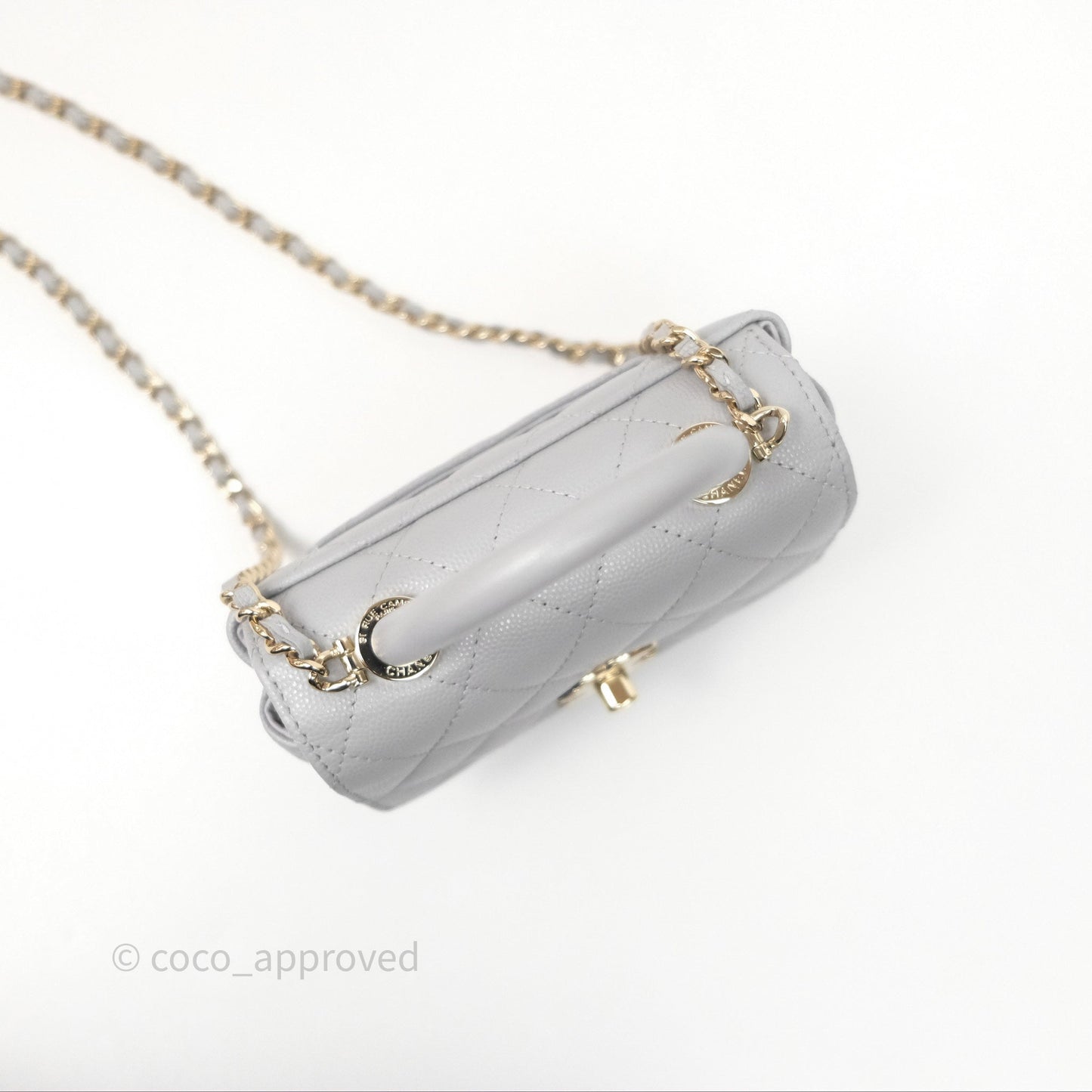 Chanel Coco Handle Clutch with Chain Quilted Light Grey Caviar Gold Hardware