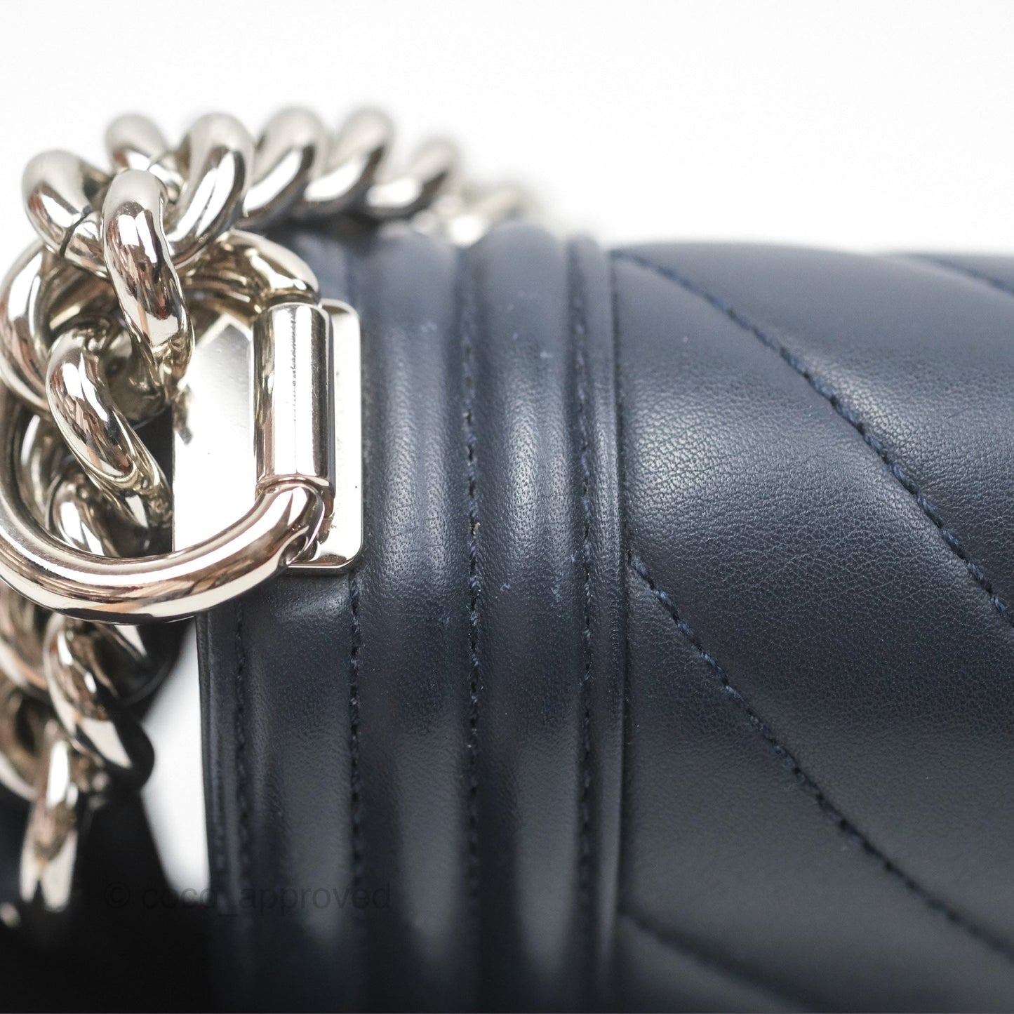 Chanel Small Chevron Boy Navy Calfskin Silver Hardware