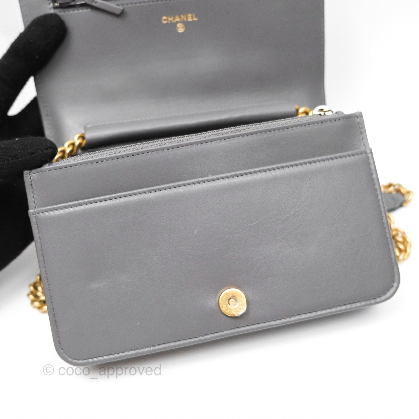 Chanel Quilted Boy Wallet on Chain WOC Grey Caviar Aged Gold Hardware