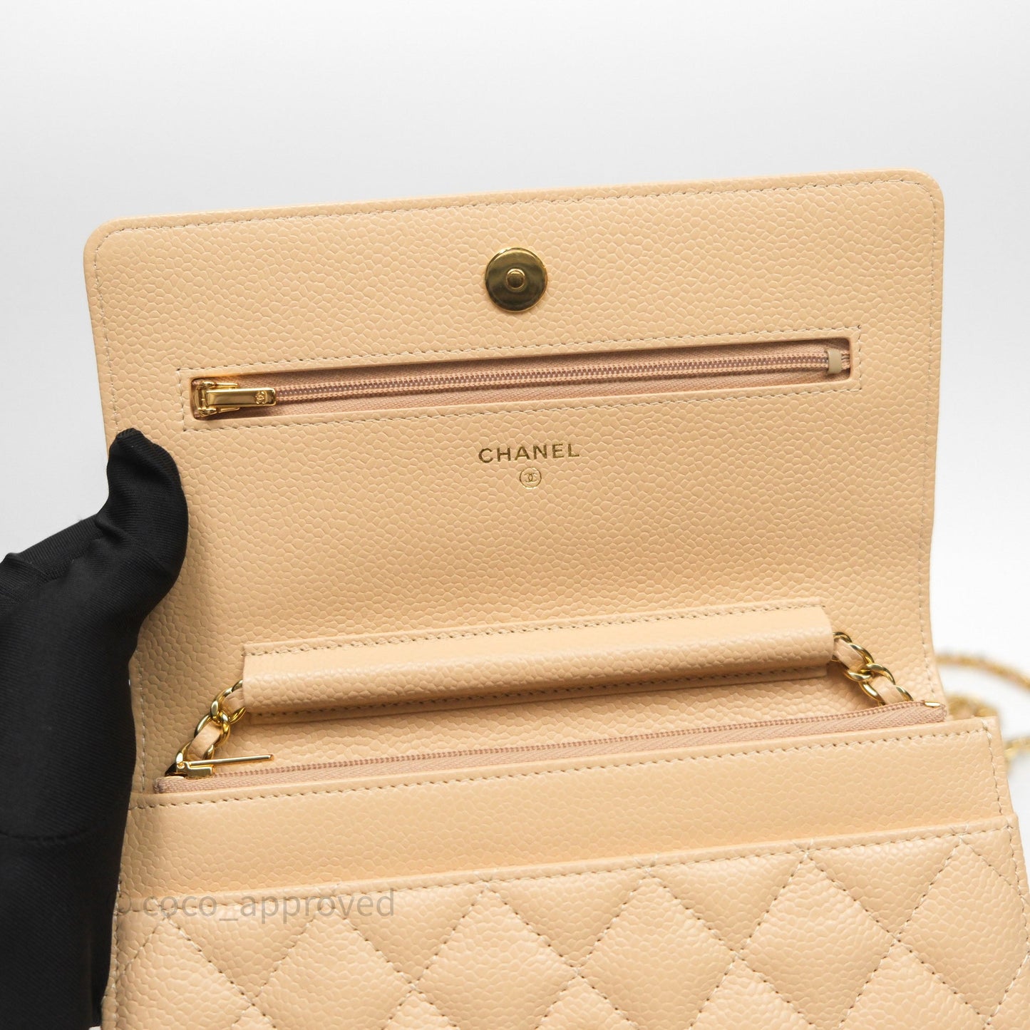 Chanel Quilted Classic Wallet on Chain WOC Beige Caviar Gold Hardware