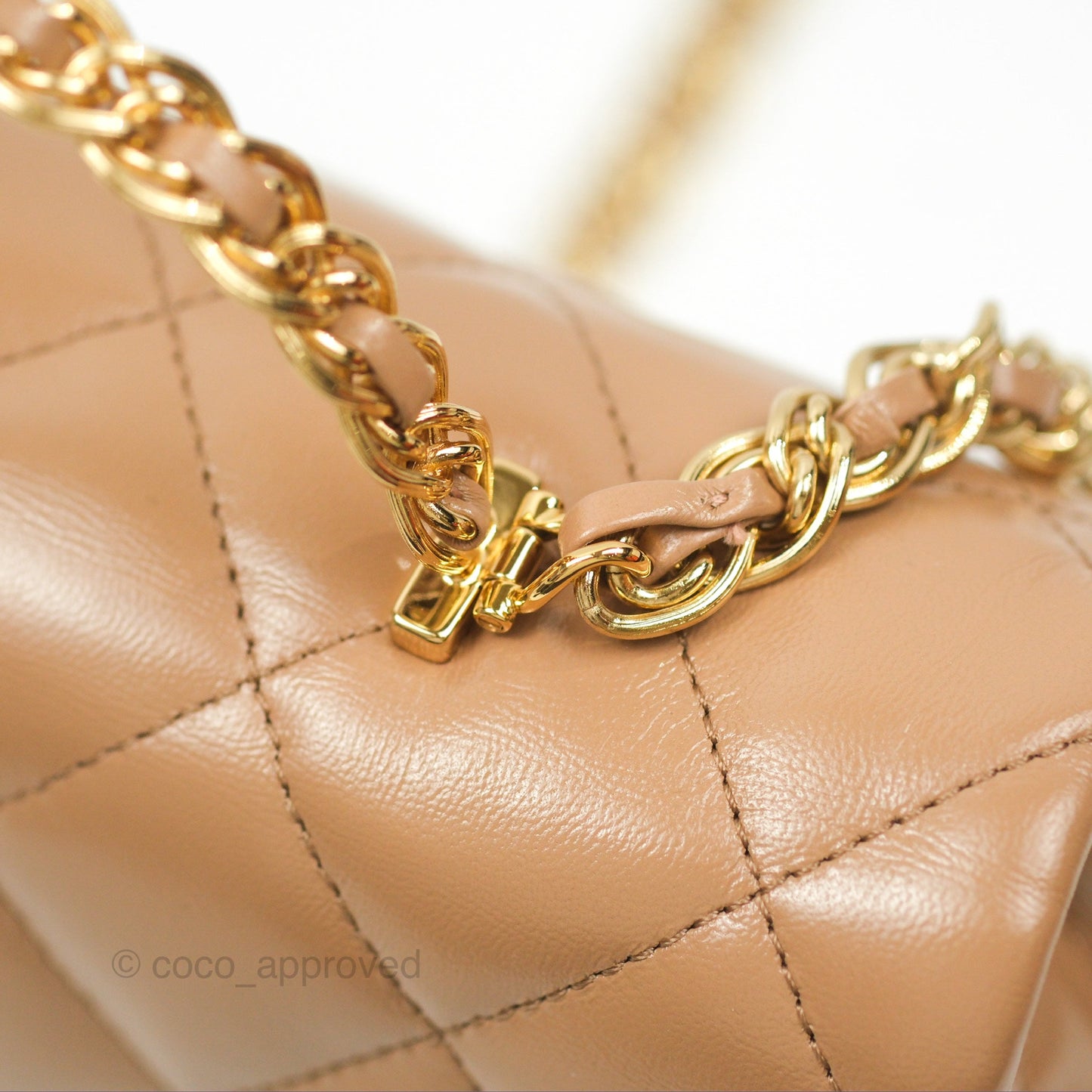Chanel Top Handle Flap Bag Beige Shiny Lambskin Gold Hardware 23A