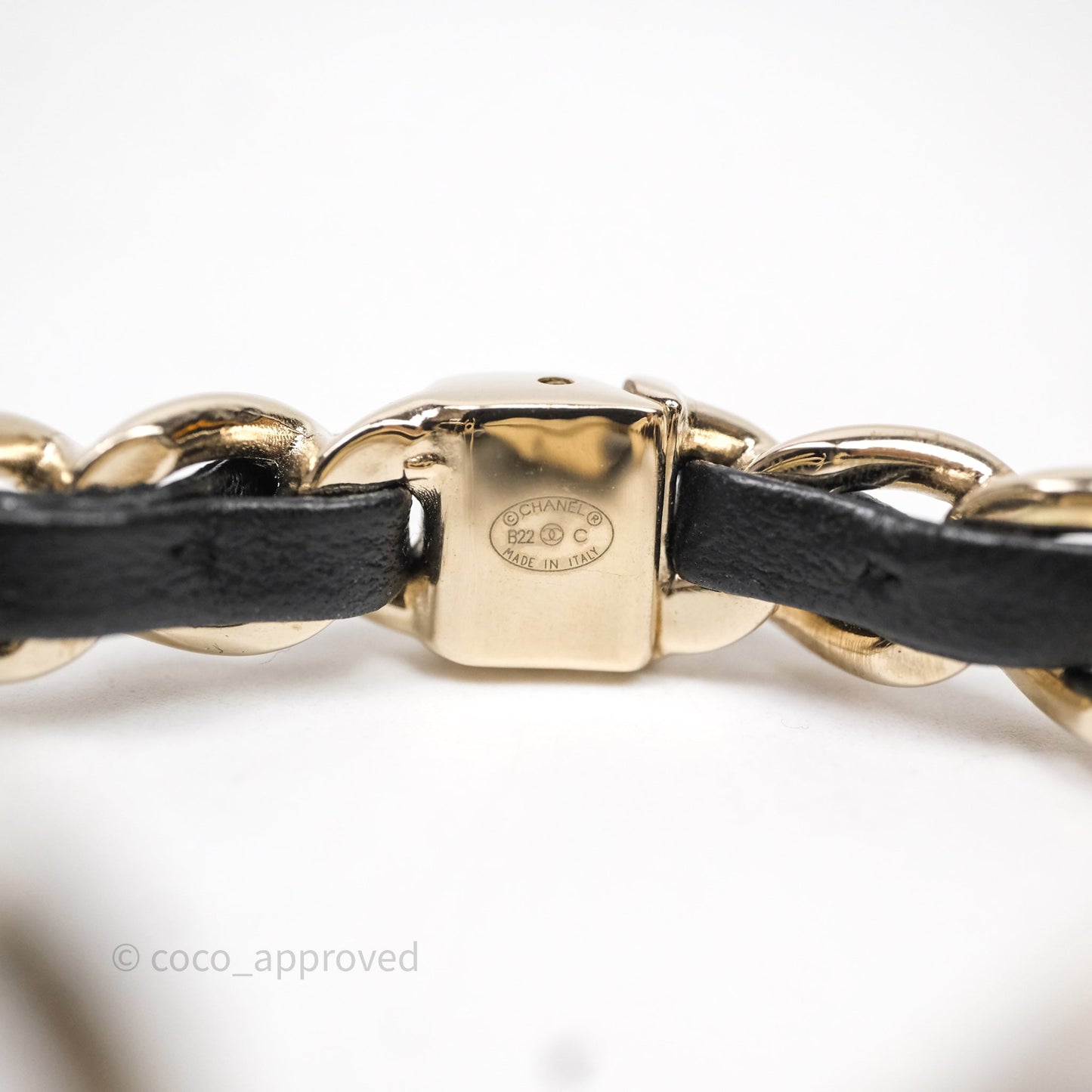 Chanel CC Black Leather Heart Bracelet Gold Tone 22C