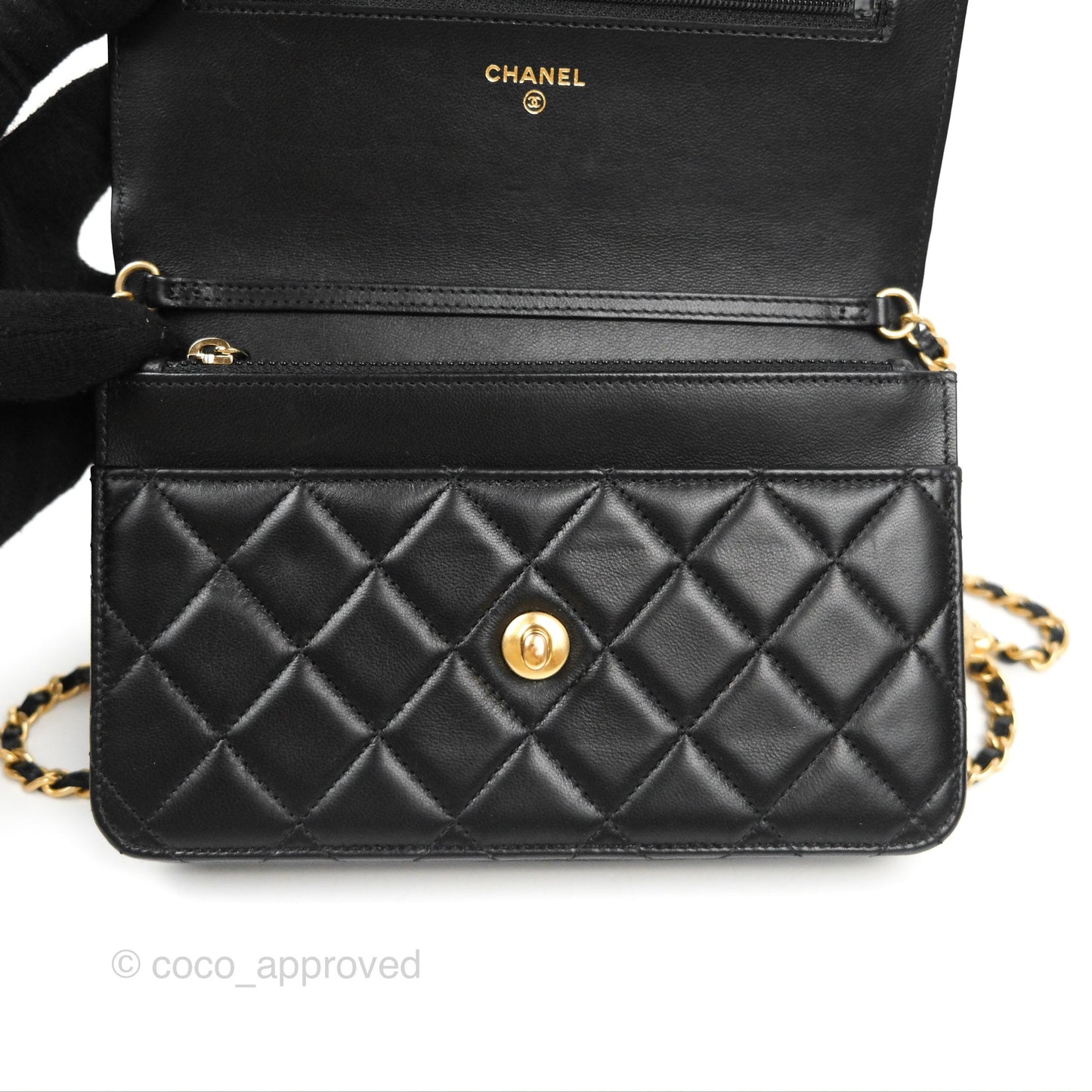 Chanel Quilted Pearl Crush Wallet on Chain WOC Black Lambskin Aged Gold Hardware