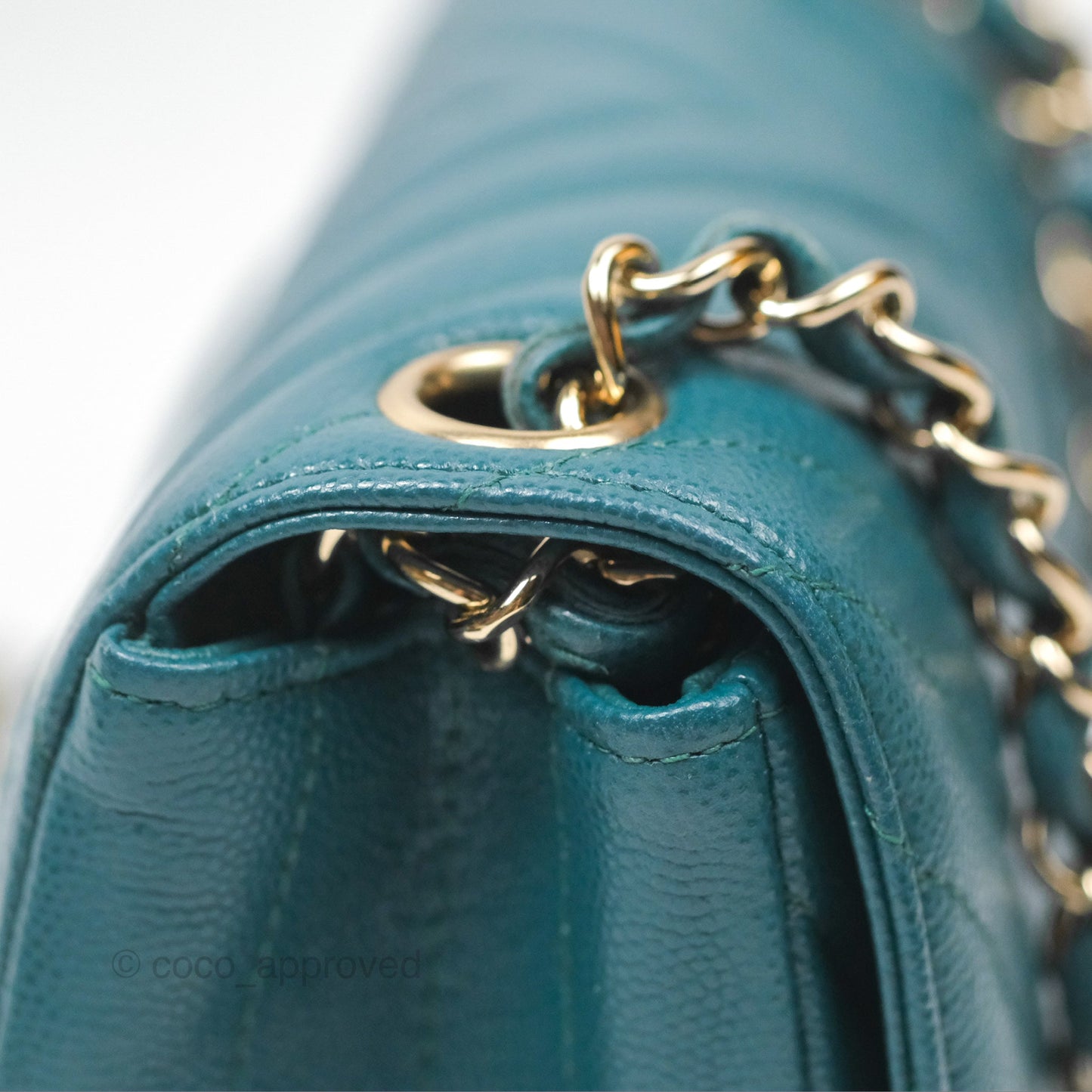 Chanel Mini Square Flap Chevron Teal Caviar Gold Hardware