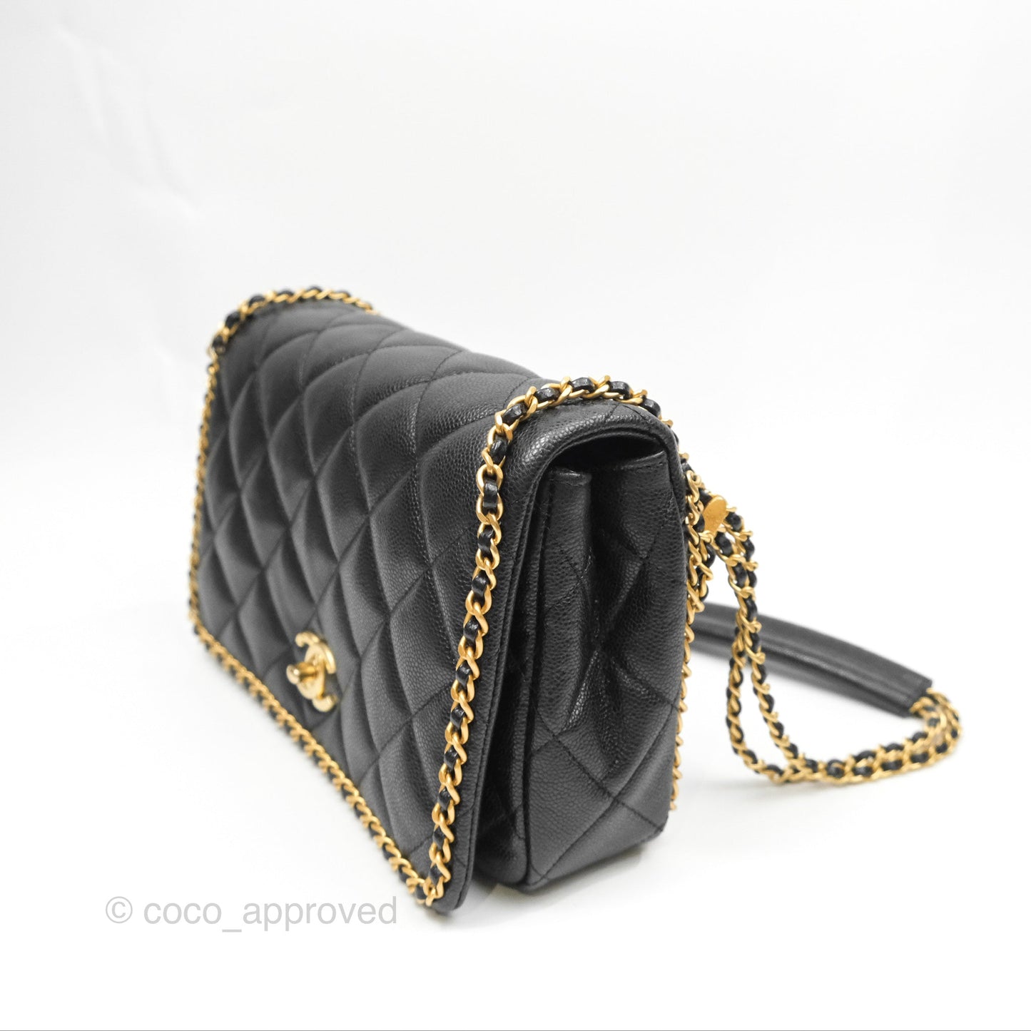 Chanel Chain Around Flap Bag Black Caviar Aged Gold Hardware 22B