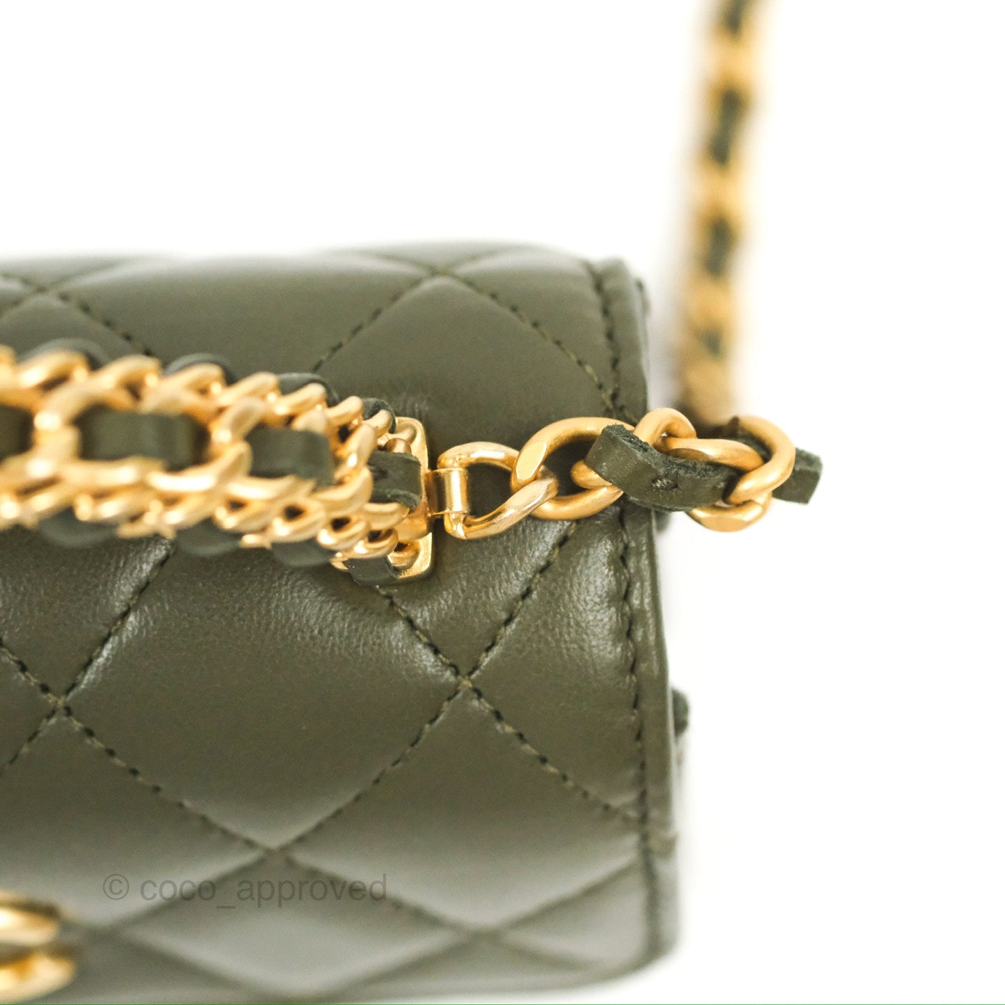 Chanel Top Handle Clutch With Chain Army Green Lambskin Aged Gold Hardware