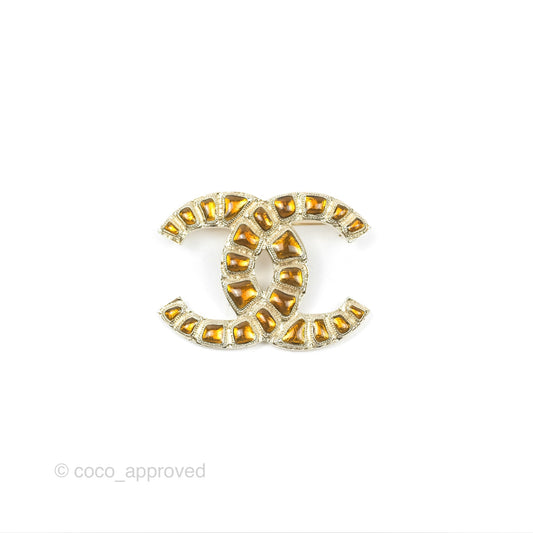 Chanel CC Brown Gripoix Rectangle Brooch Gold Tone 19A