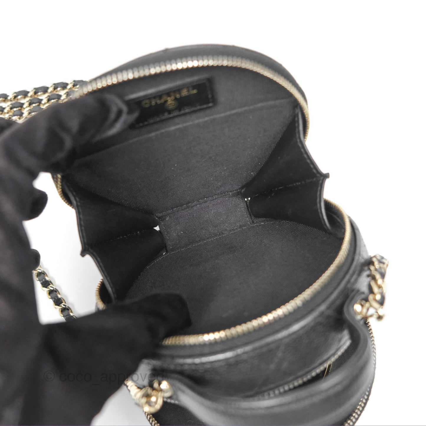 Chanel Mini Round Vanity Bag Handle With Care Black Caviar 22C