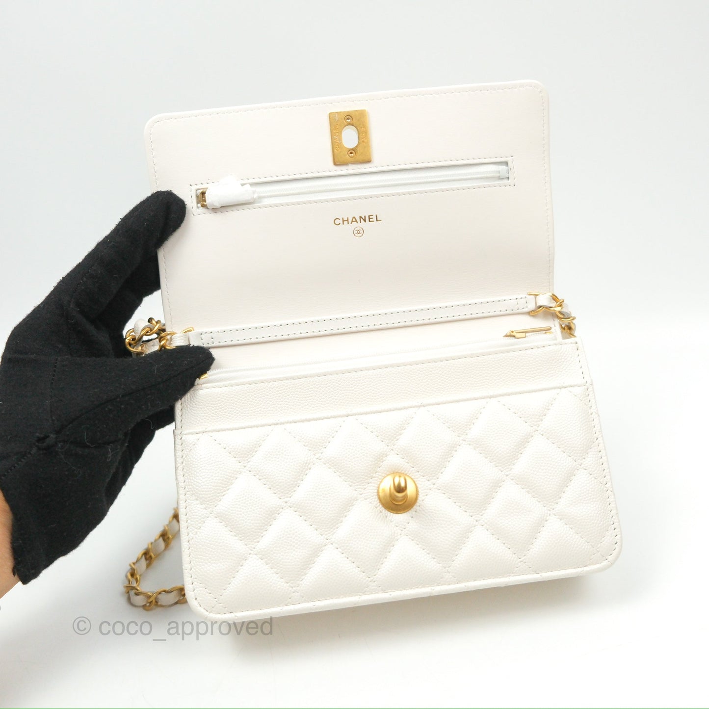 Chanel Wallet On Chain WOC Adjustable CC Chain Iridescent White Caviar Aged Gold Hardware