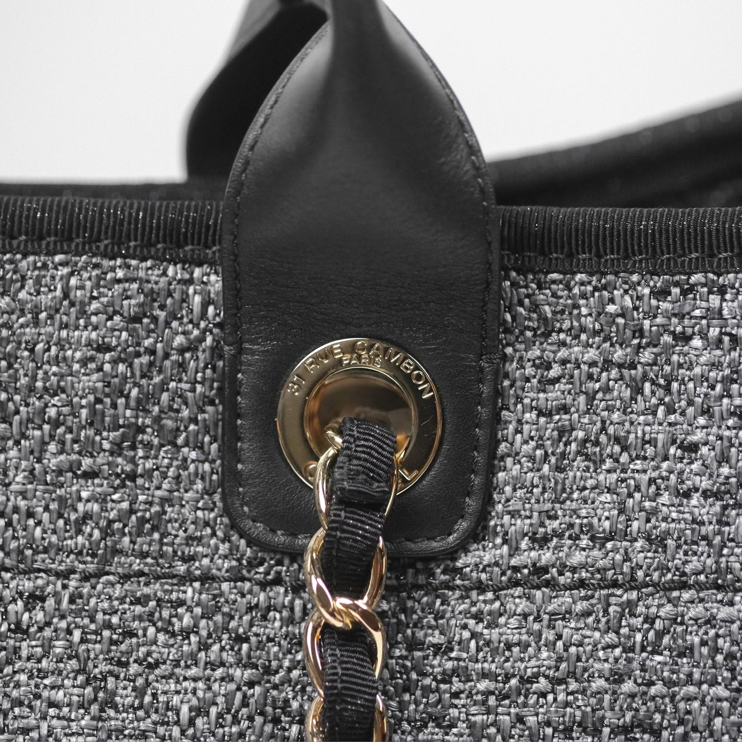Chanel Large Deauville Glitter Black Grey Raffia Gold Hardware