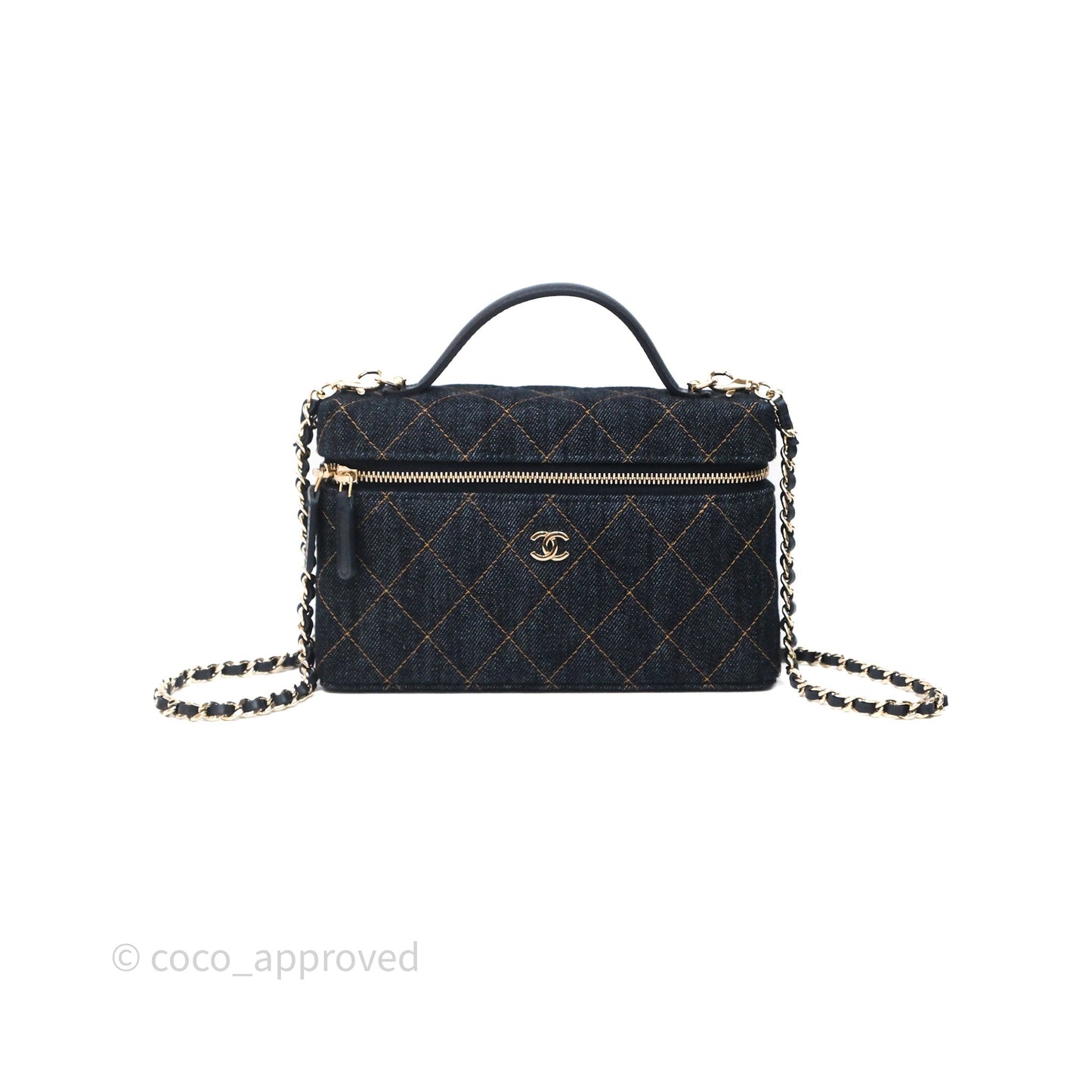 Chanel Top Handle Long Vanity with Chain Dark Blue Denim Gold Hardware