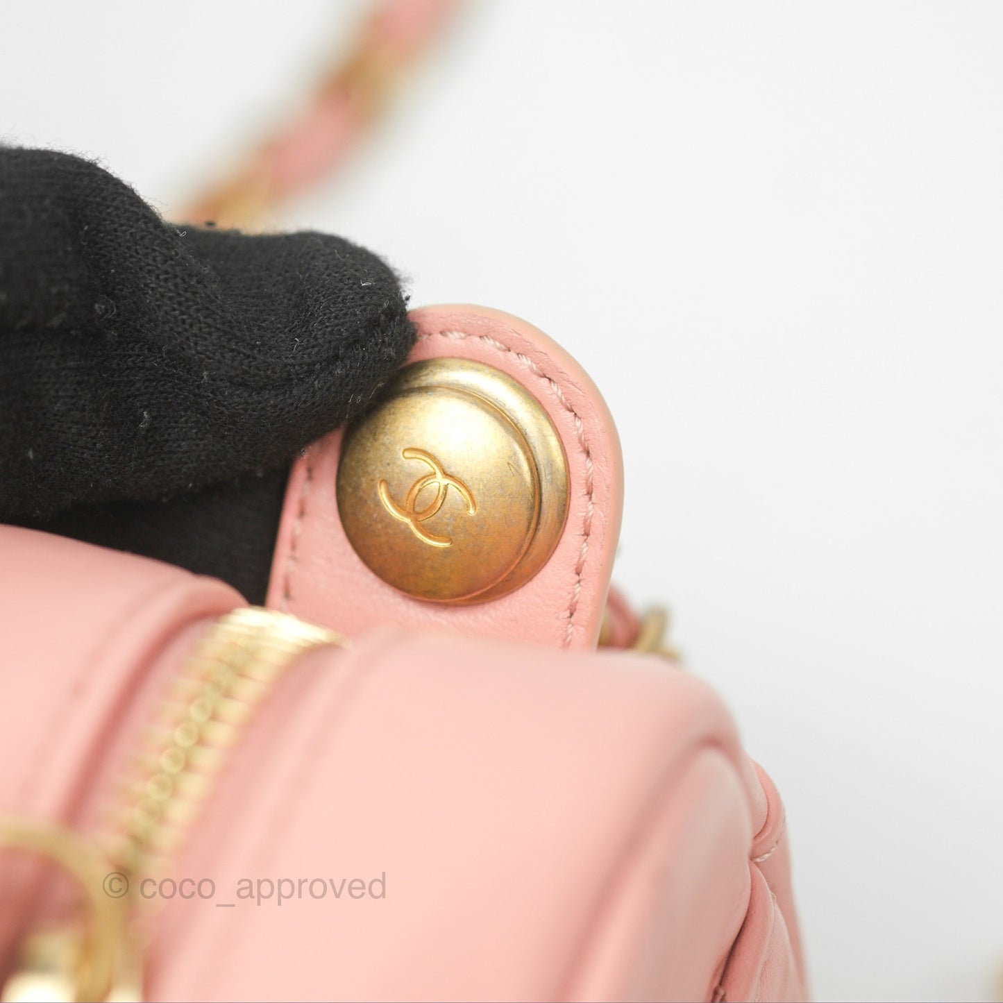 Chanel Logo Enchained Camera Bag Pink Calfskin Aged Gold Hardware