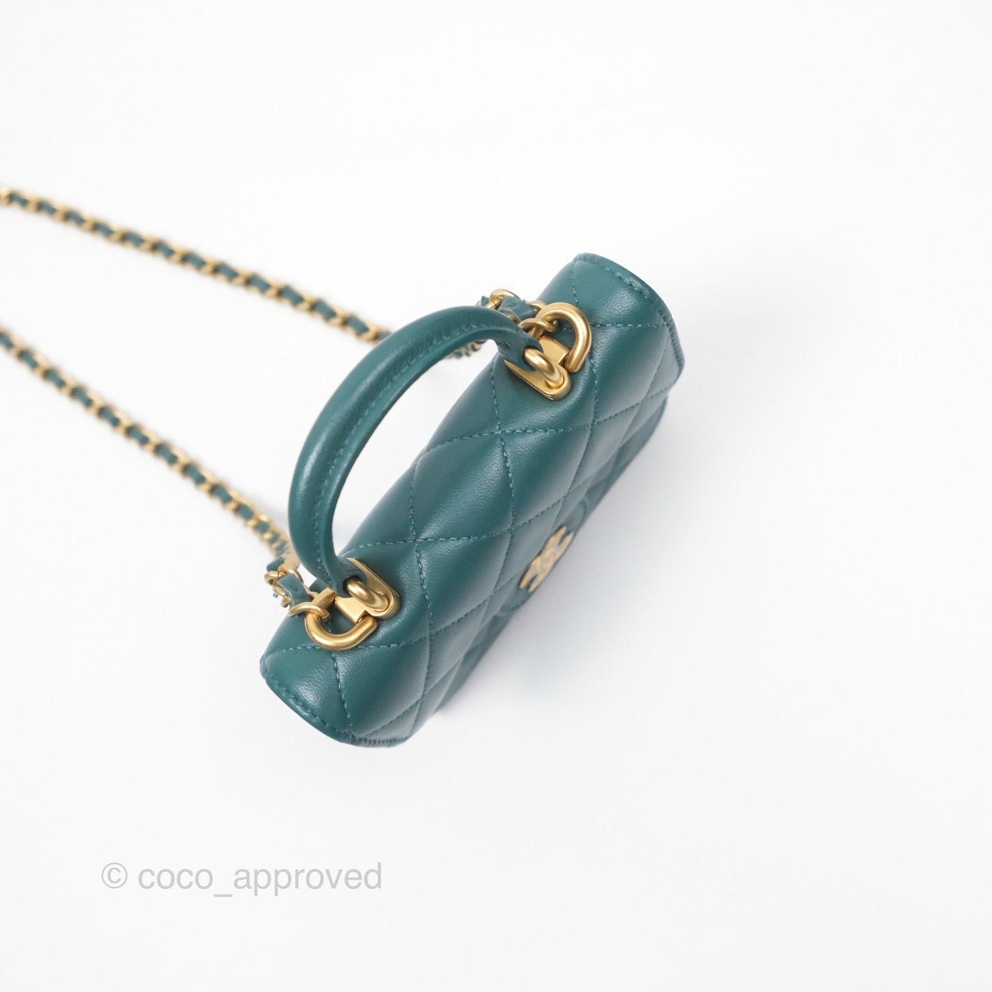 Chanel Mini Handle Clutch With Chain Green Lambskin Aged Gold Hardware
