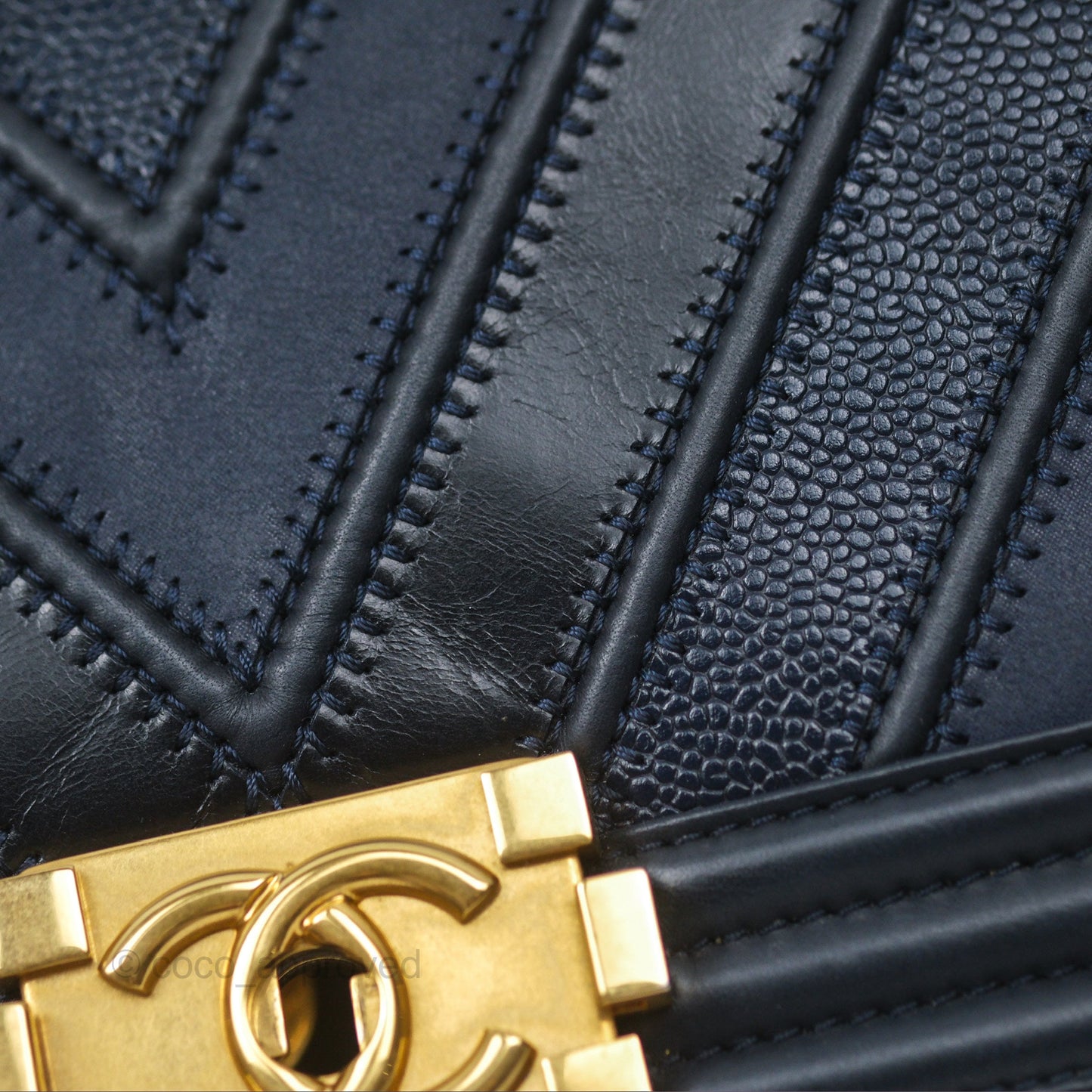 Chanel Medium Boy Chevron Navy Caviar/ Calfskin/ Suede Aged Gold Hardware