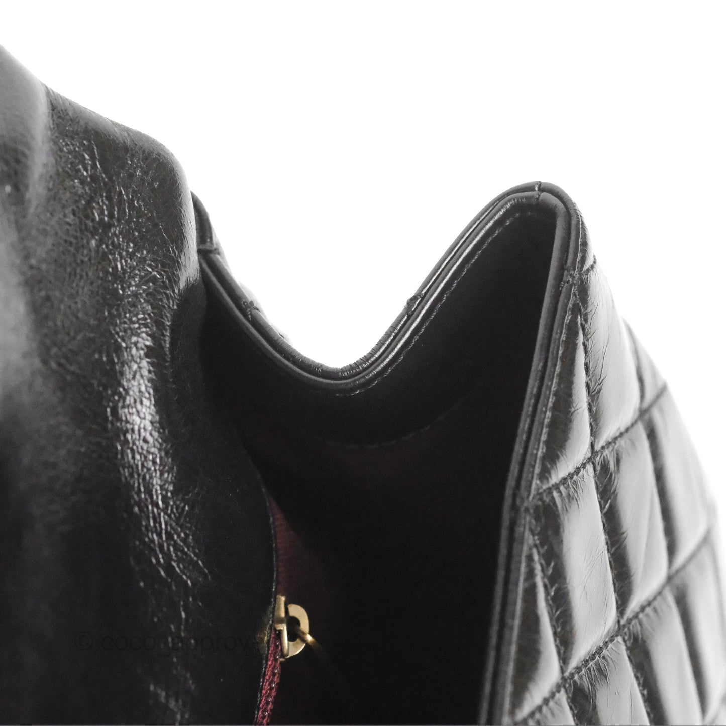 Chanel Large Castle Rock Flap Bag Black Glazed Aged Calfskin Burgundy Handle